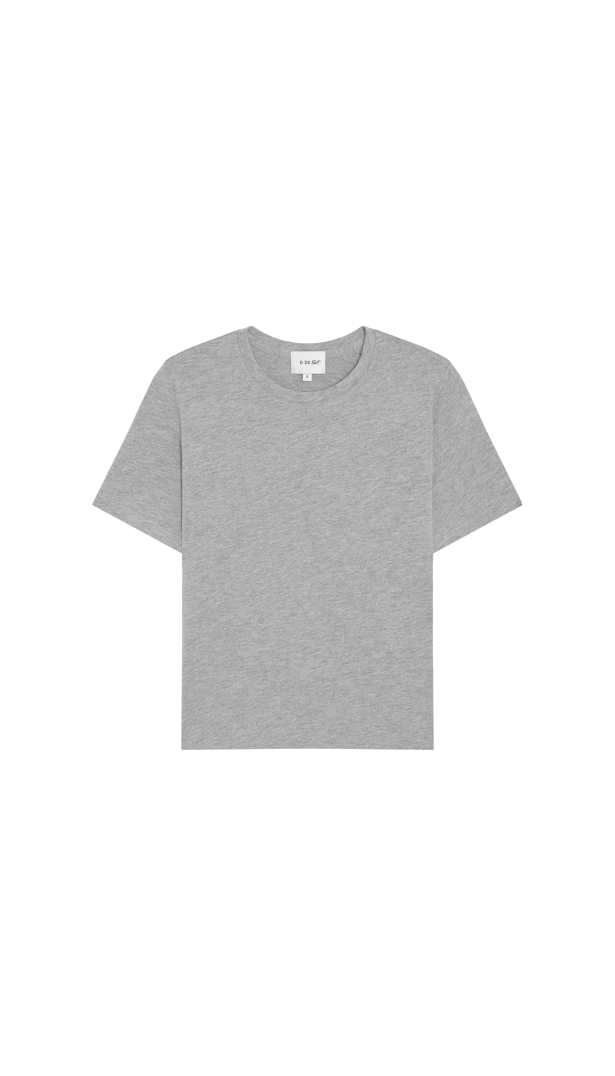 Gray crew neck t-shirt flat on a white background