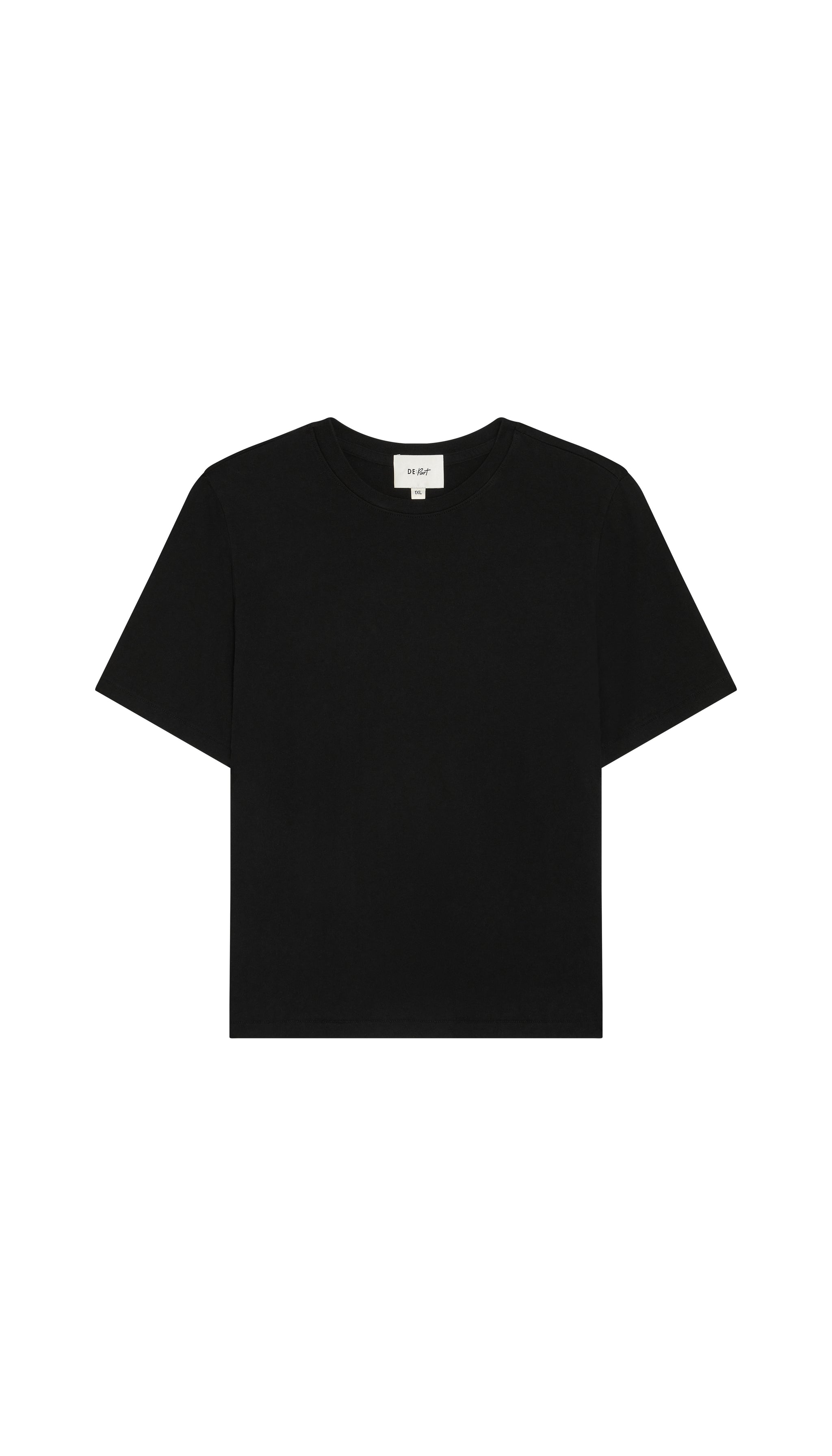 Black crew neck t-shirt flat on a white background