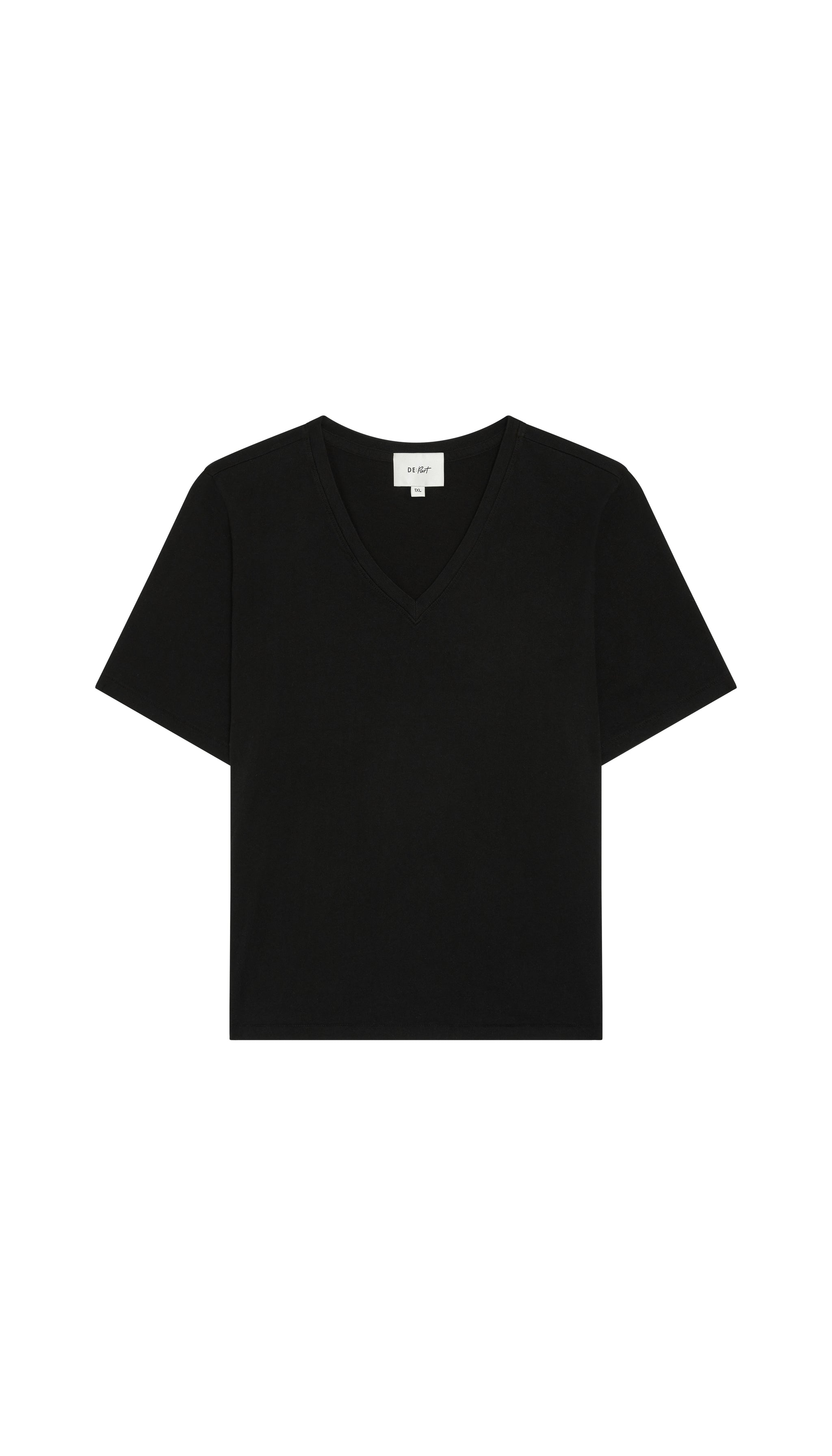 Black Depart v-neck t-shirt flat on a white background