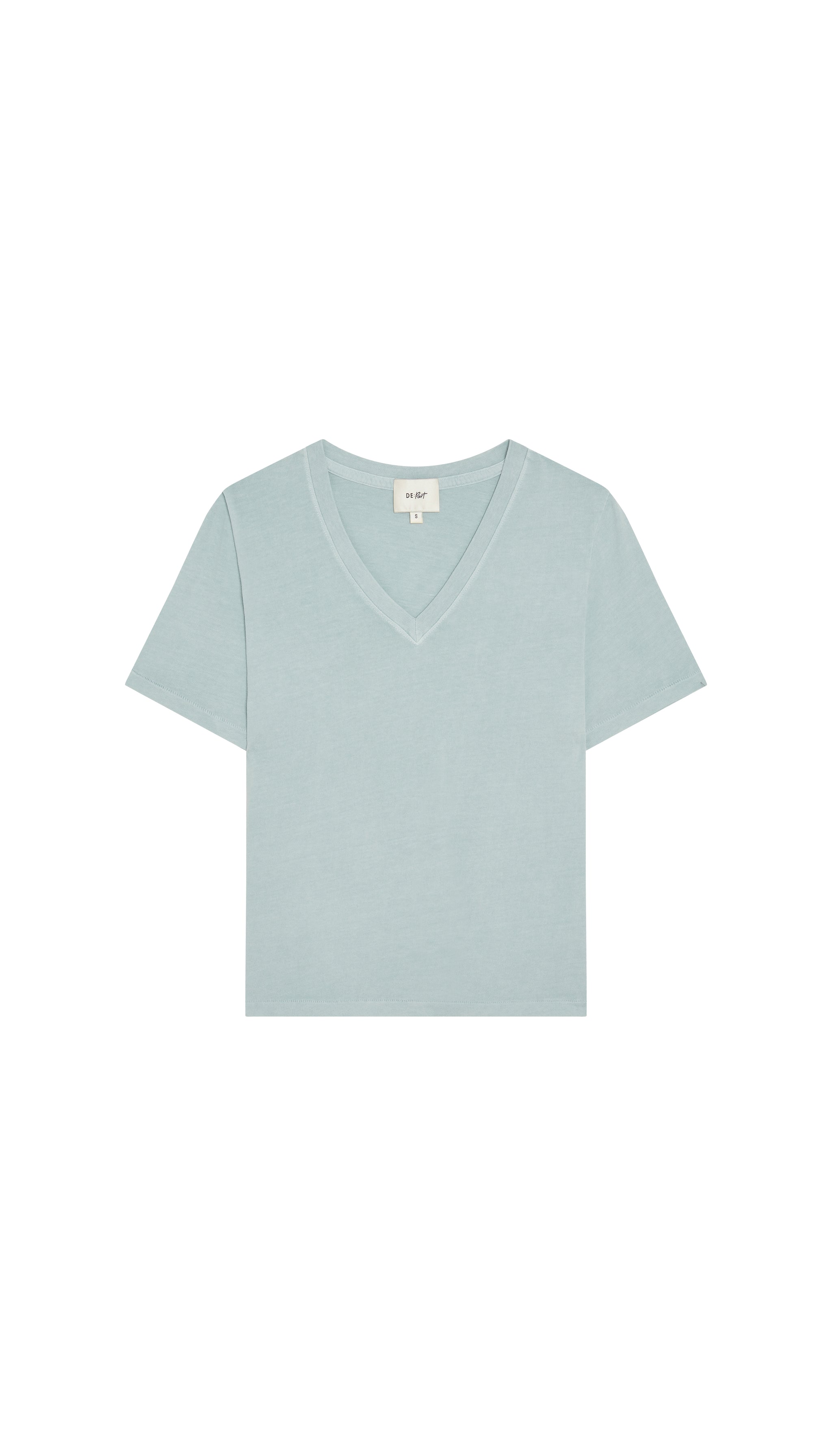 Depart light blue v-neck shirt on a white background