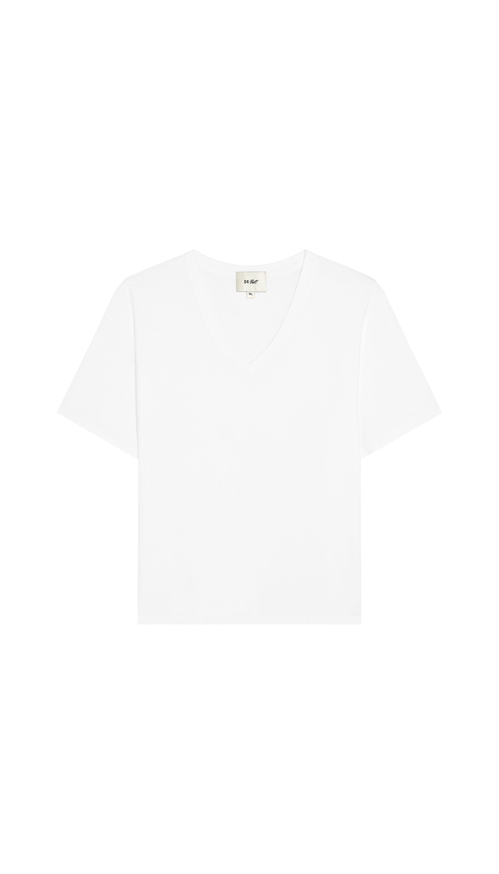 White DePart V-neck t-shirt flat on a white background