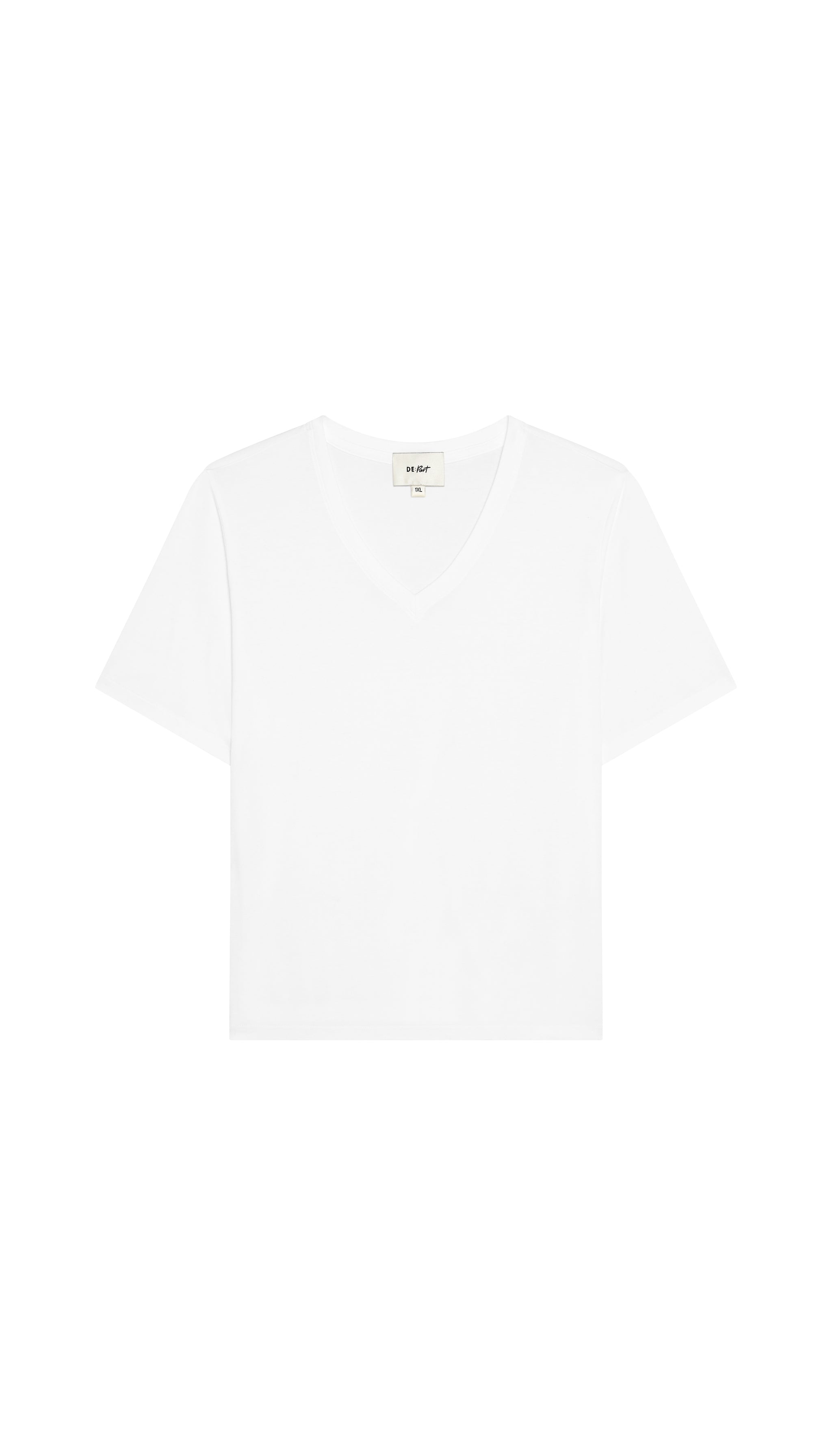 White DePart V-neck t-shirt flat on a white background