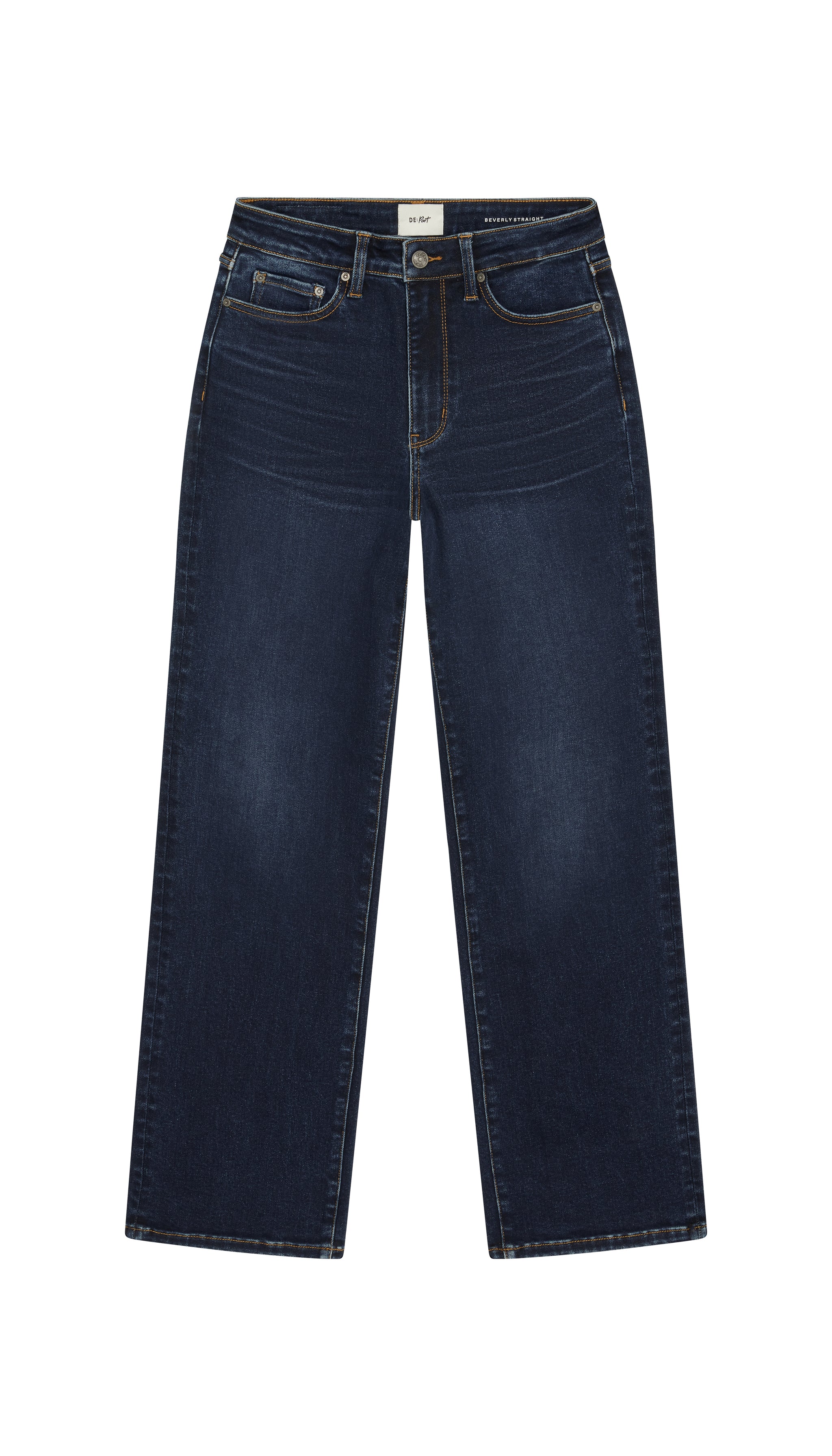 Pair of DePart Beverly dark blue straight jeans flat on a white background