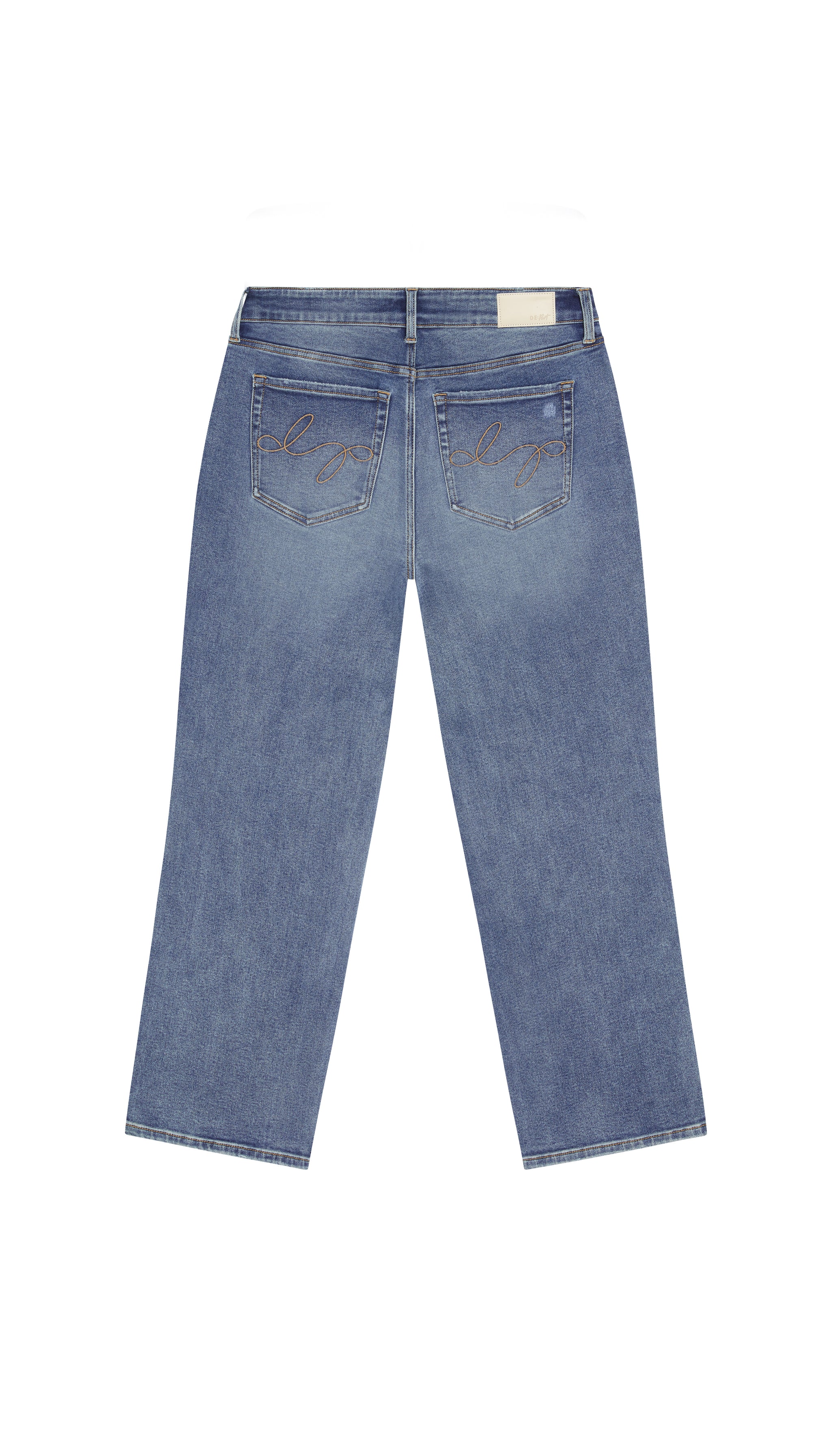 Straight blue jeans backside flat on a white background