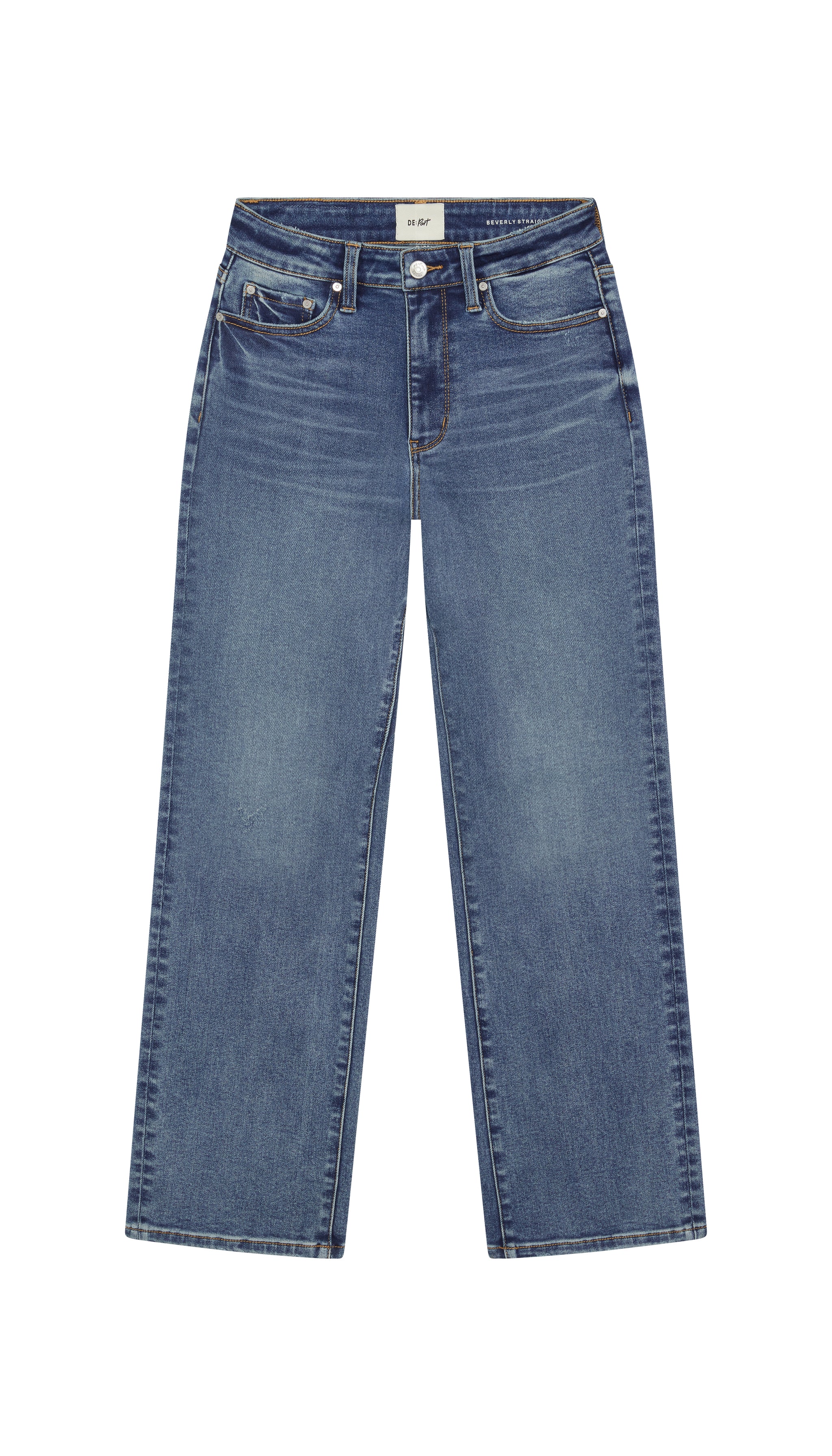 Depart straight blue jeans flat on a white background