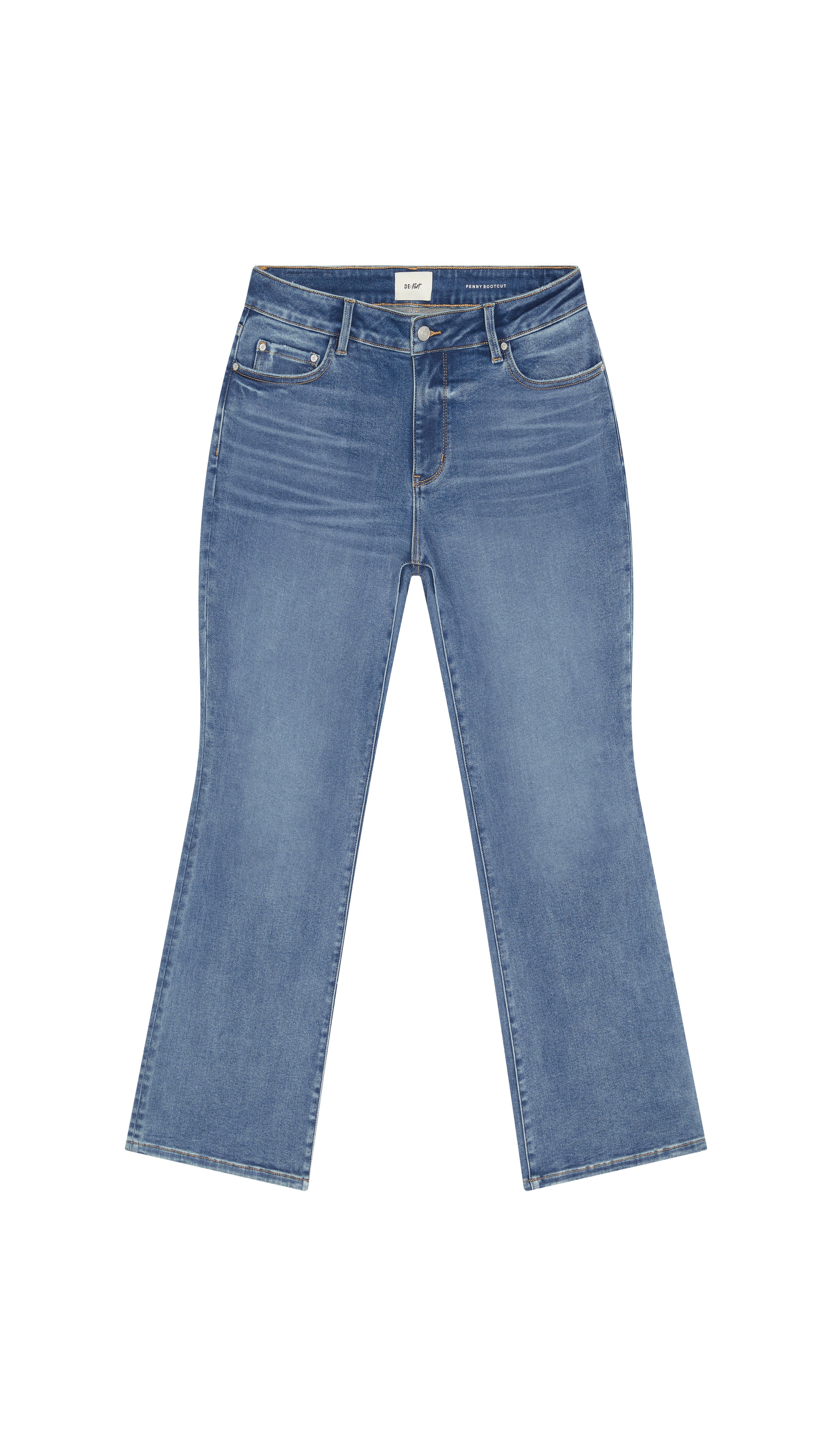 Blue jeans bootleg flat on a white background