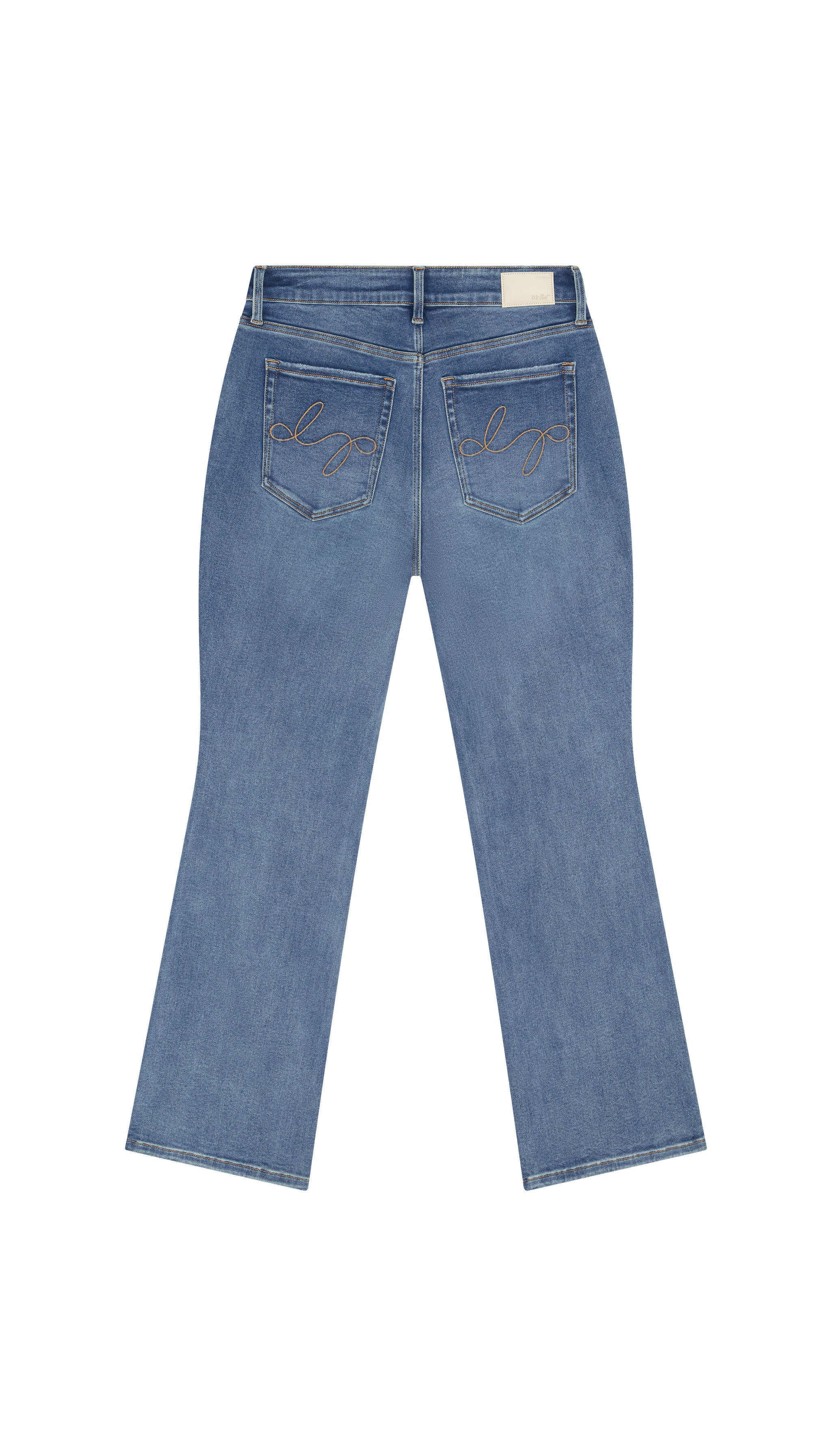 Blue jeans bootcut flat backside on a white background