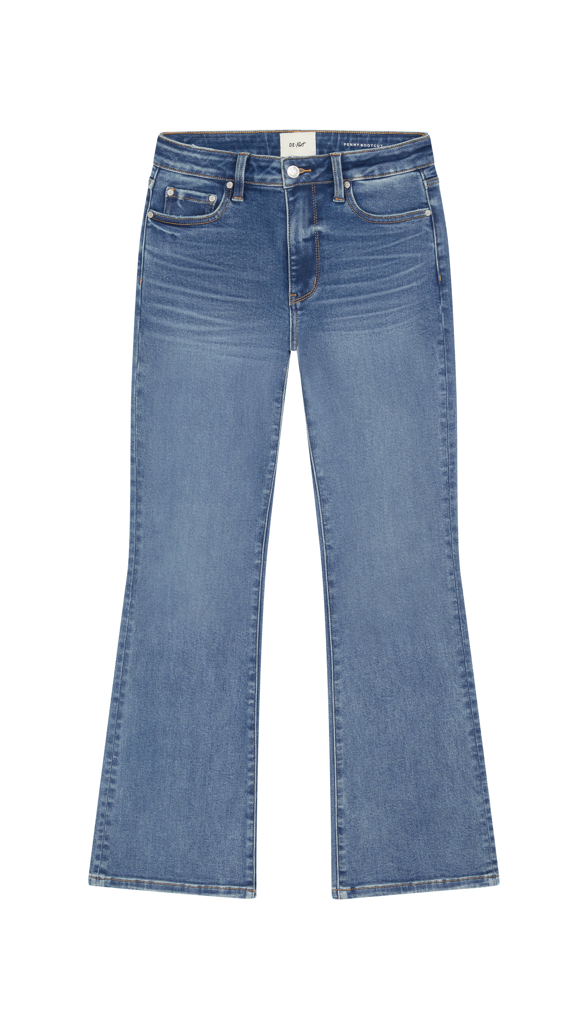 boot cut medium blue jean flat on white background.