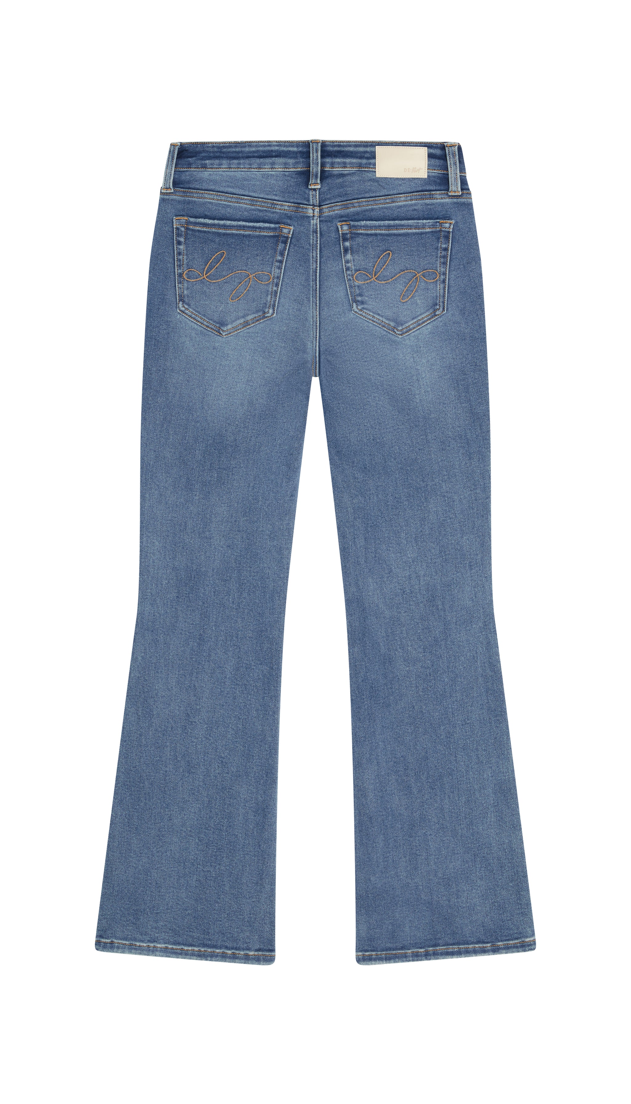 boot cut medium blue jean backside flat on white background.