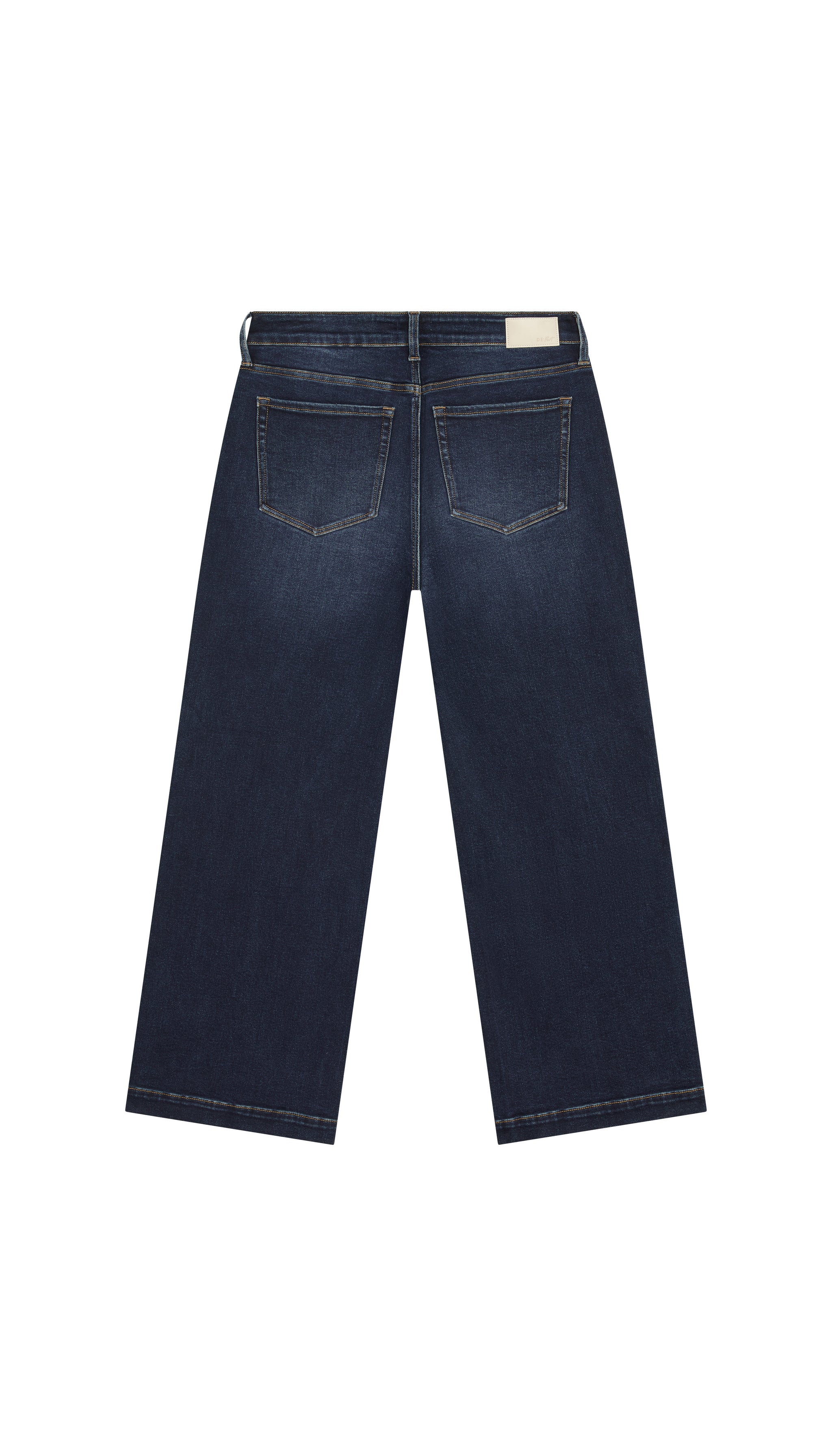 dark blue wide leg jeans flat backside on a white background