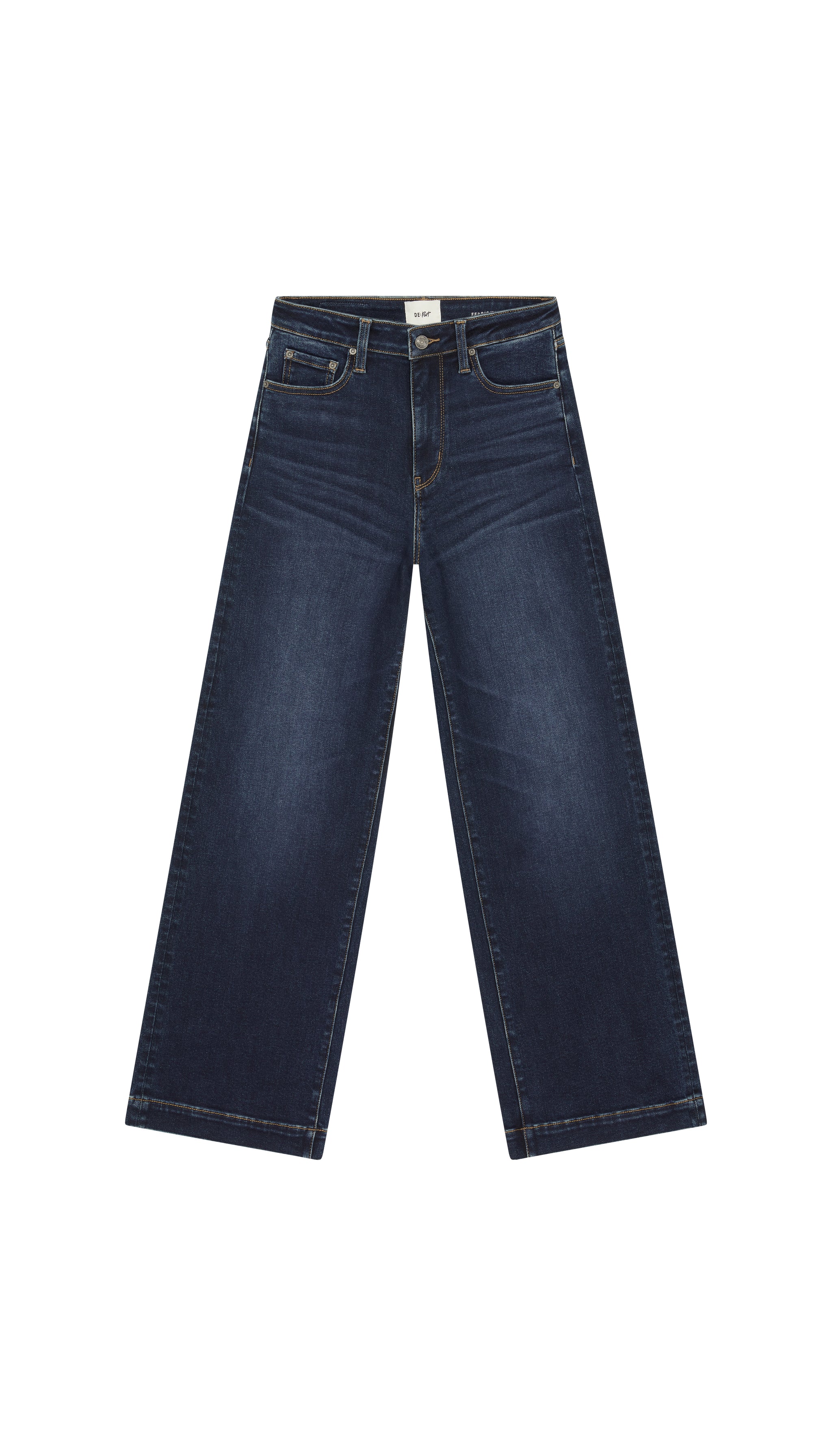 DePart wide leg dark blue jean flat on white background.