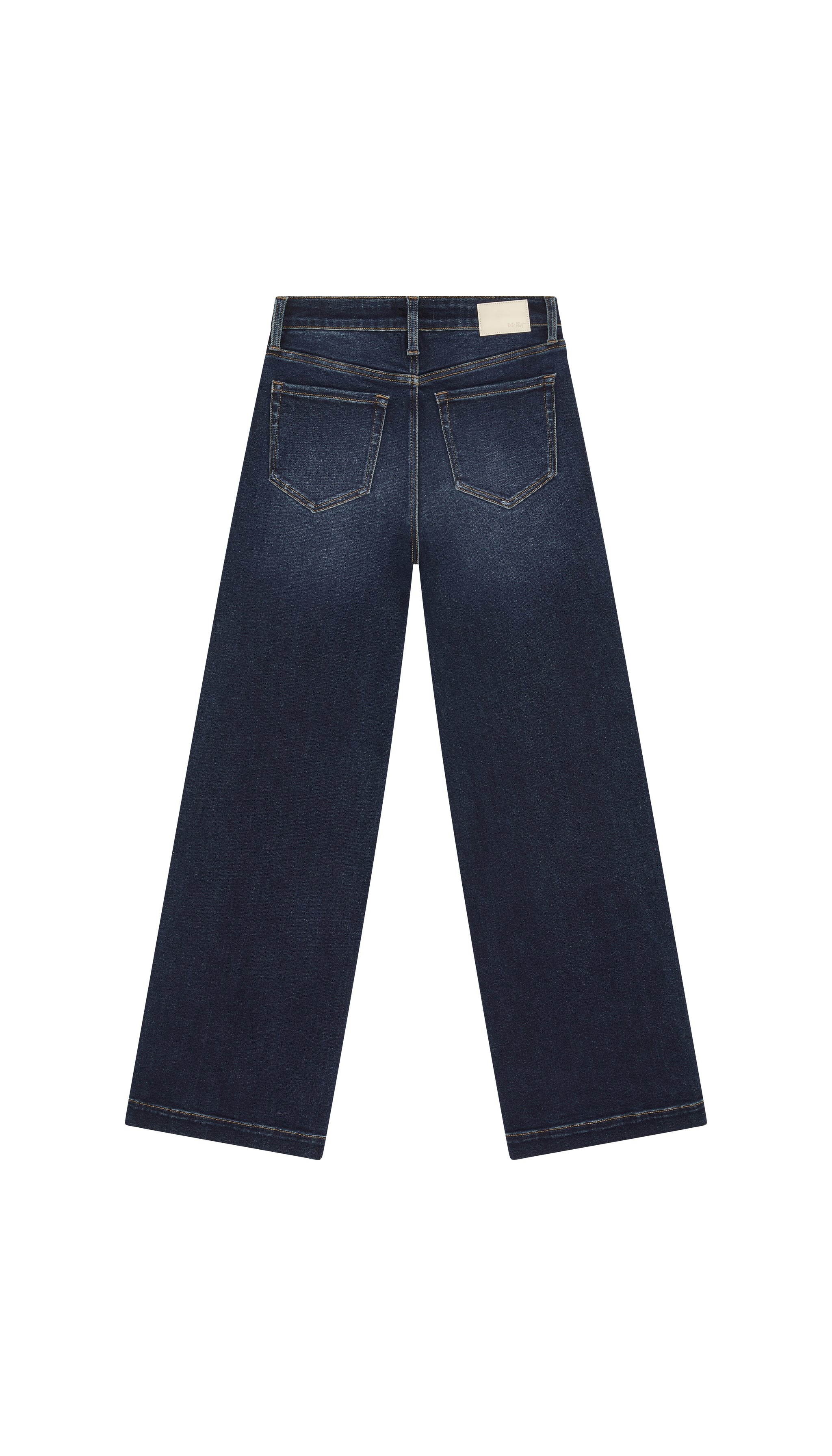 Wide leg dark blue jean backside flat on white background.