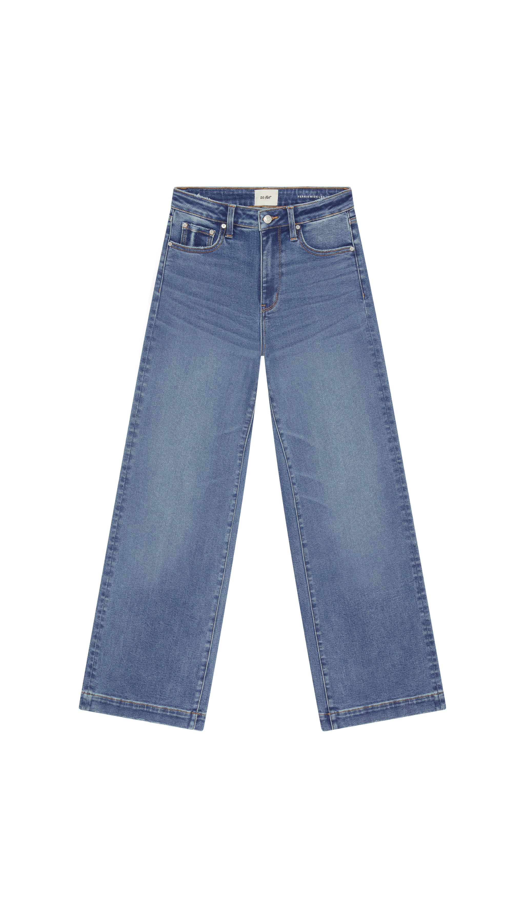 Wide leg medium blue jean flat on white background.