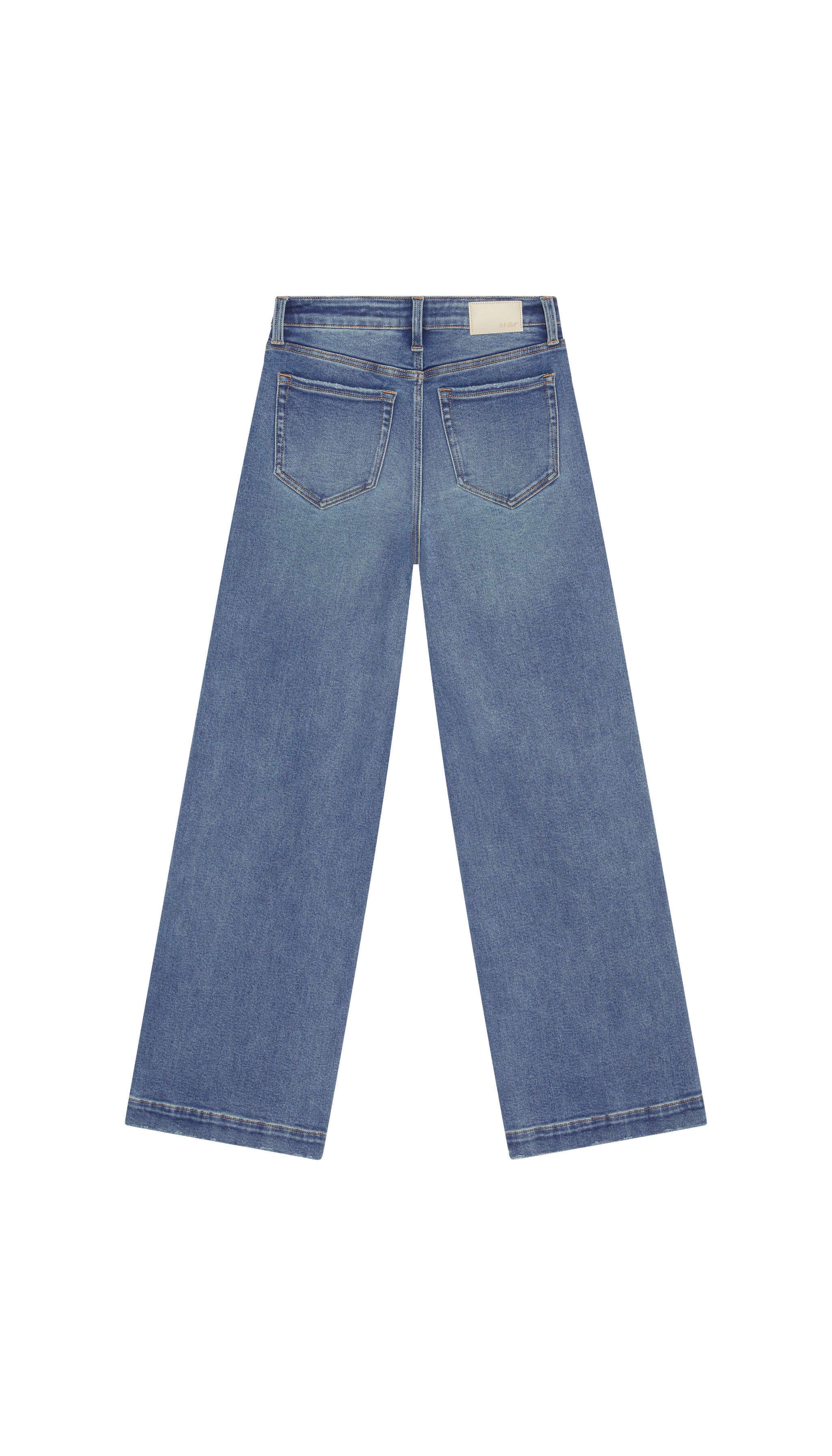 Wide leg medium blue jean backside flat on white background.