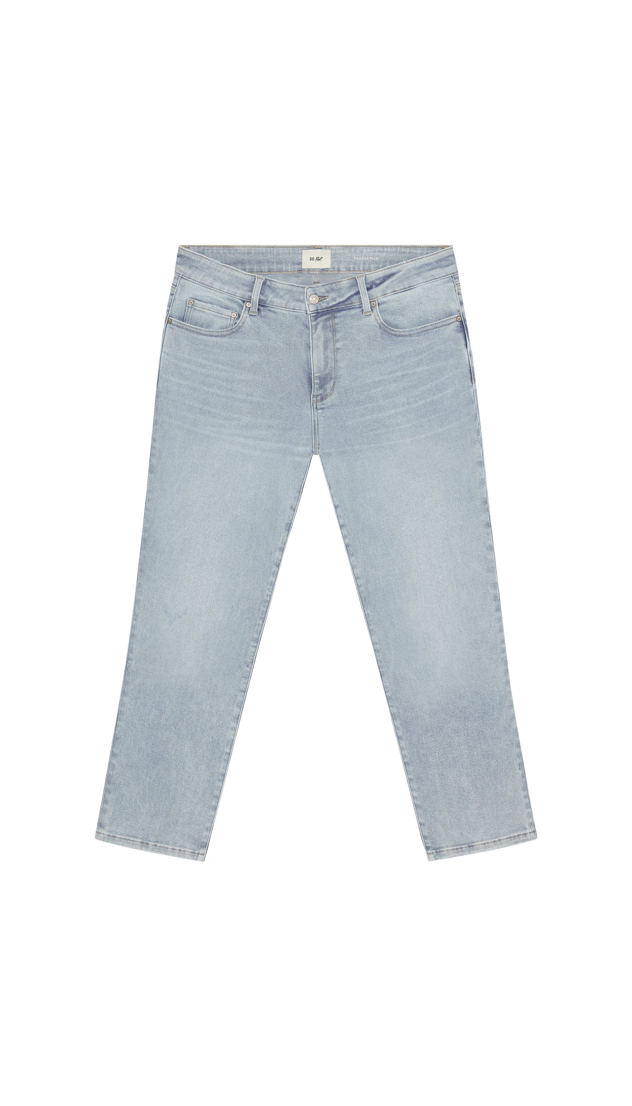 Light blue skinny jeans flat on a white background