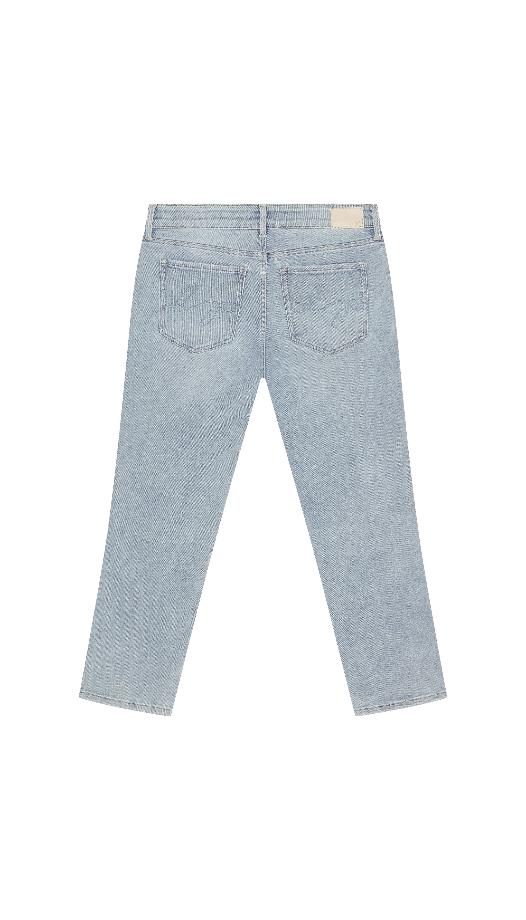 Light blue skinny jeans backside flat on a white background