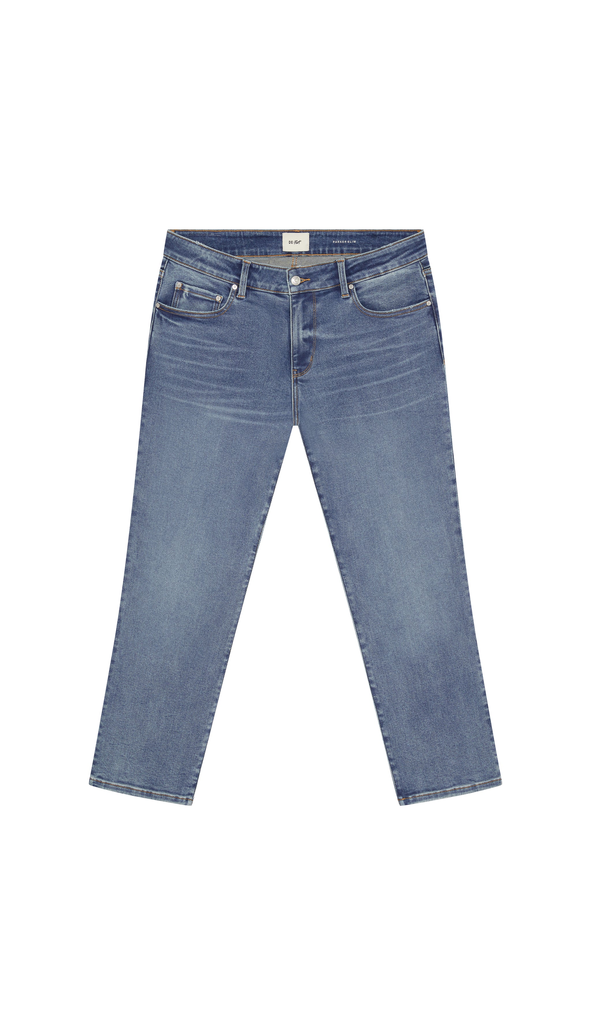 Medium blue skinny jeans flat on a white background