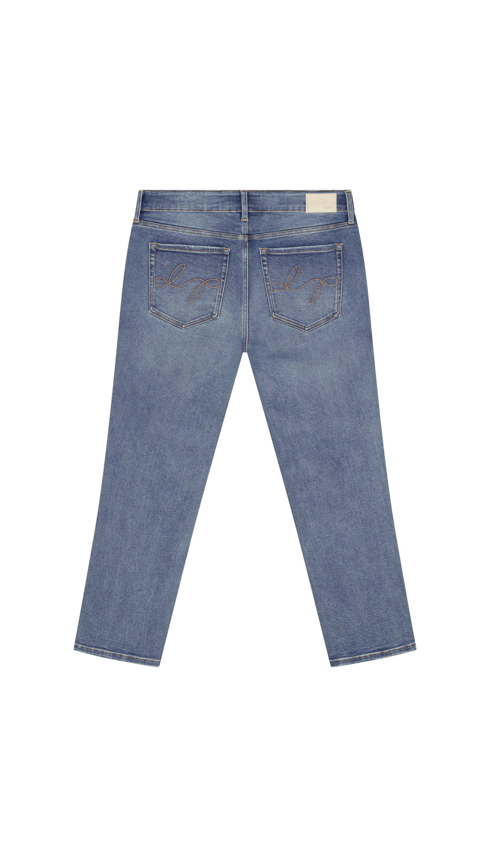 Medium blue skinny jeans backside flat on a white background