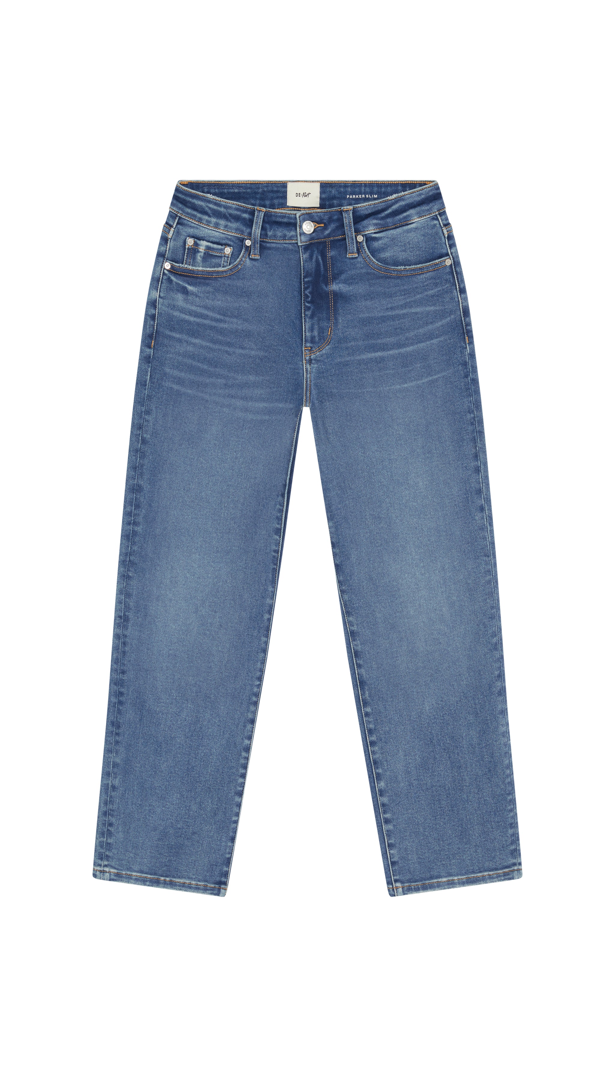 Medium blue skinny jeans flat on a white background