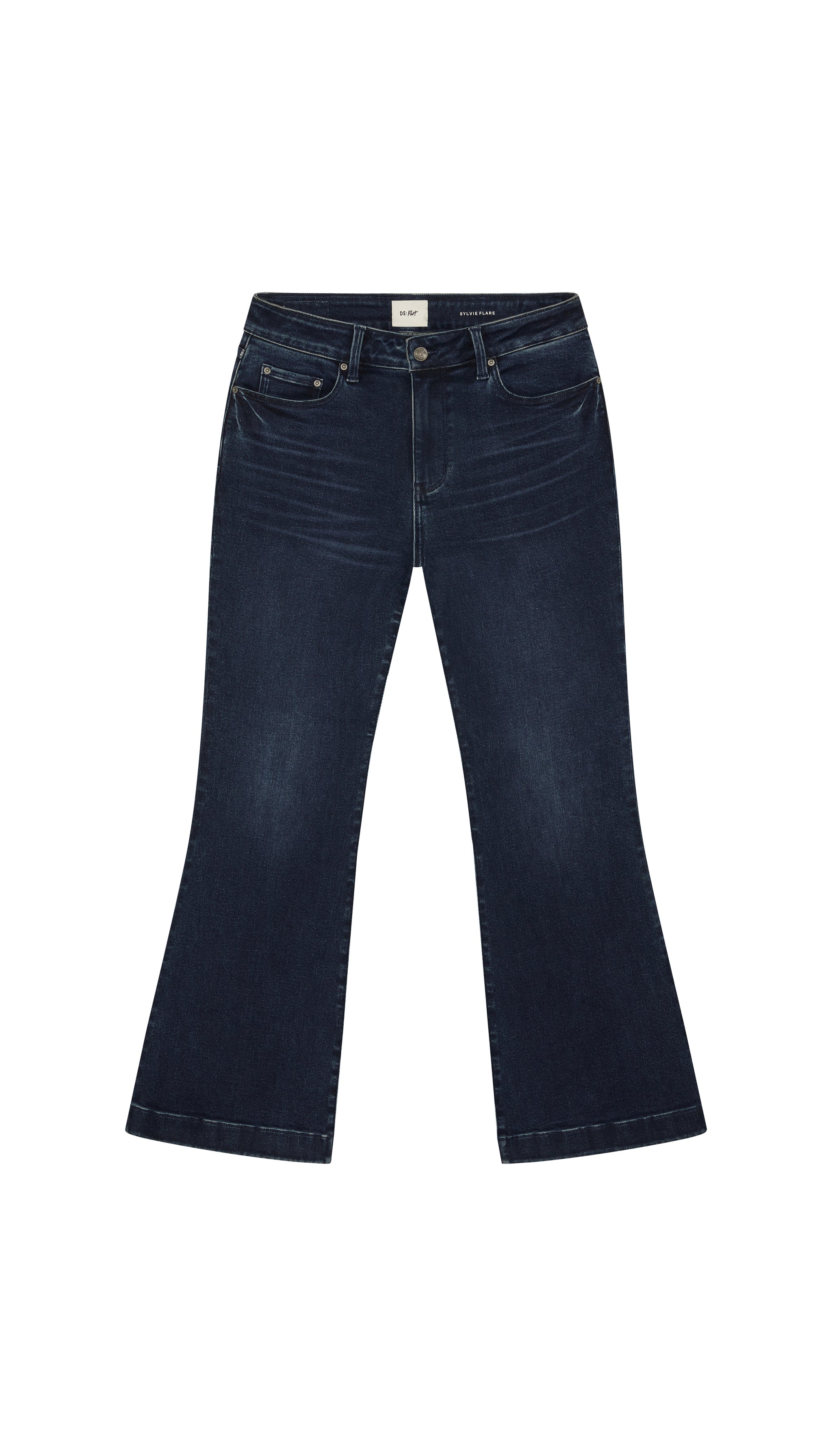 dark blue Flare jeans flat on a white background