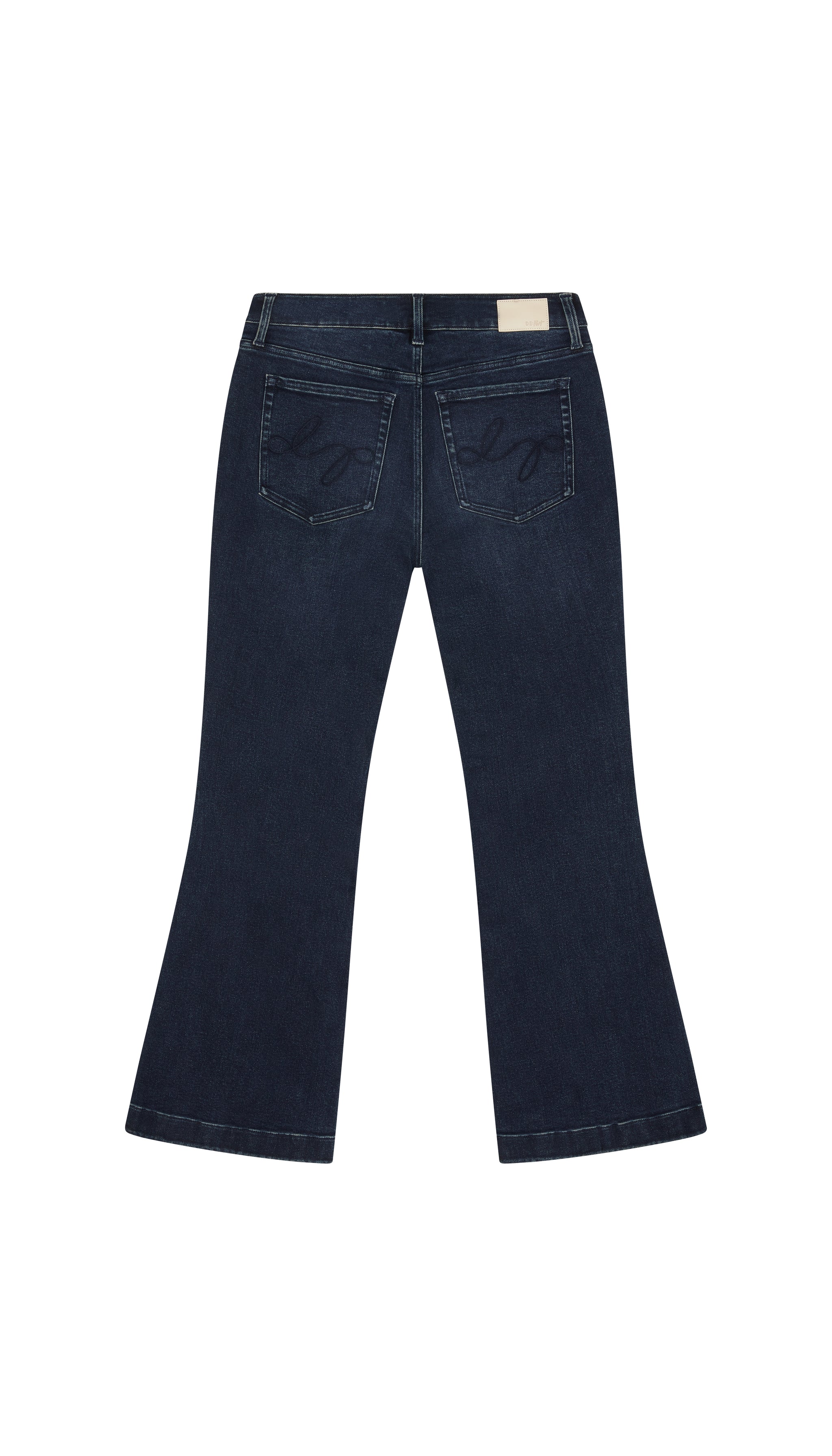 dark blue flare jeans flat backside on a white background