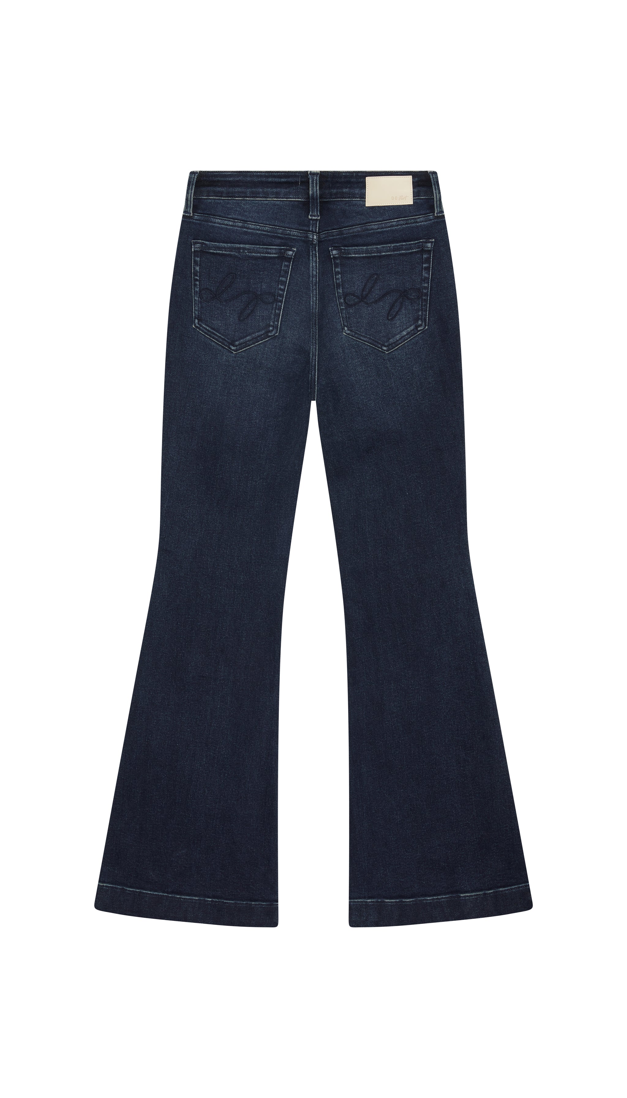 DePart flare dark blue jean backside flat on white background.