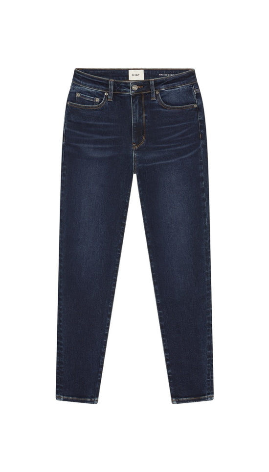 Pair of dark blue skinny jeans on a white background