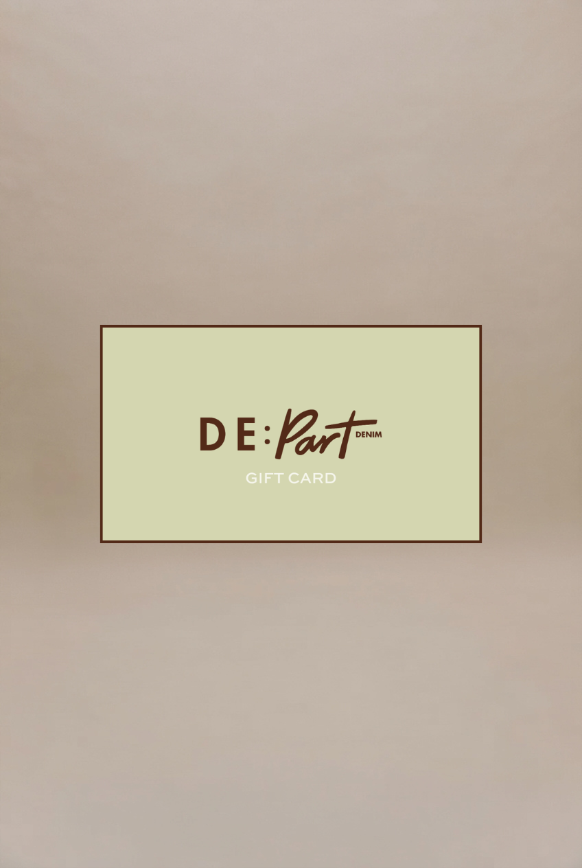 A rectangular gift card centered on a warm beige background. The card is pale yellow-green with dark brown text reading 'DE:Part' and smaller text 'GIFT CARD' underneath.