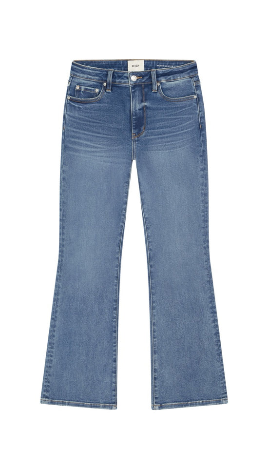 Boot cut blue jeans on a white background