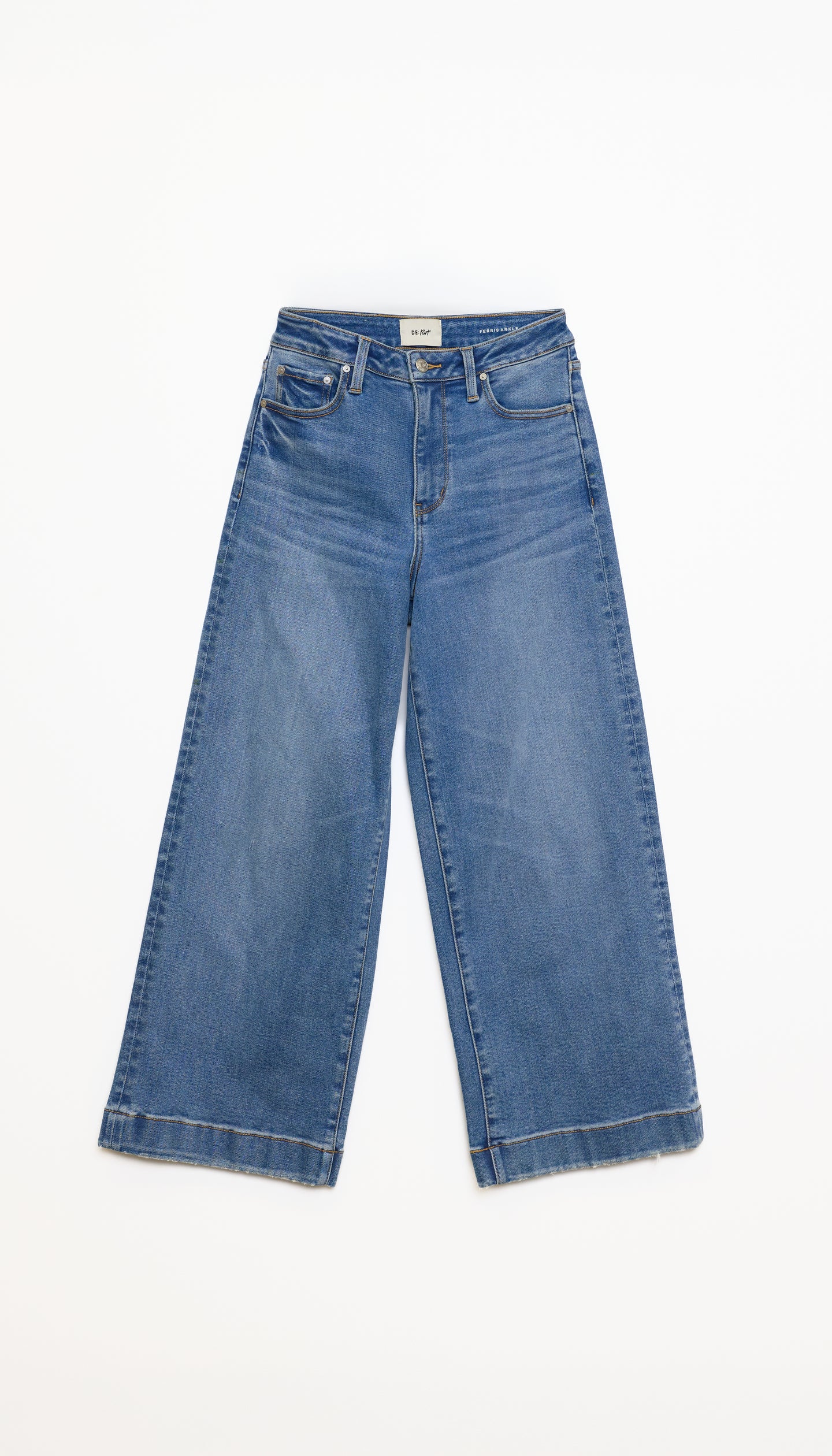 A pair of medium-wash blue denim jeans with a wide-leg, cropped silhouette, laid flat against a clean white background.