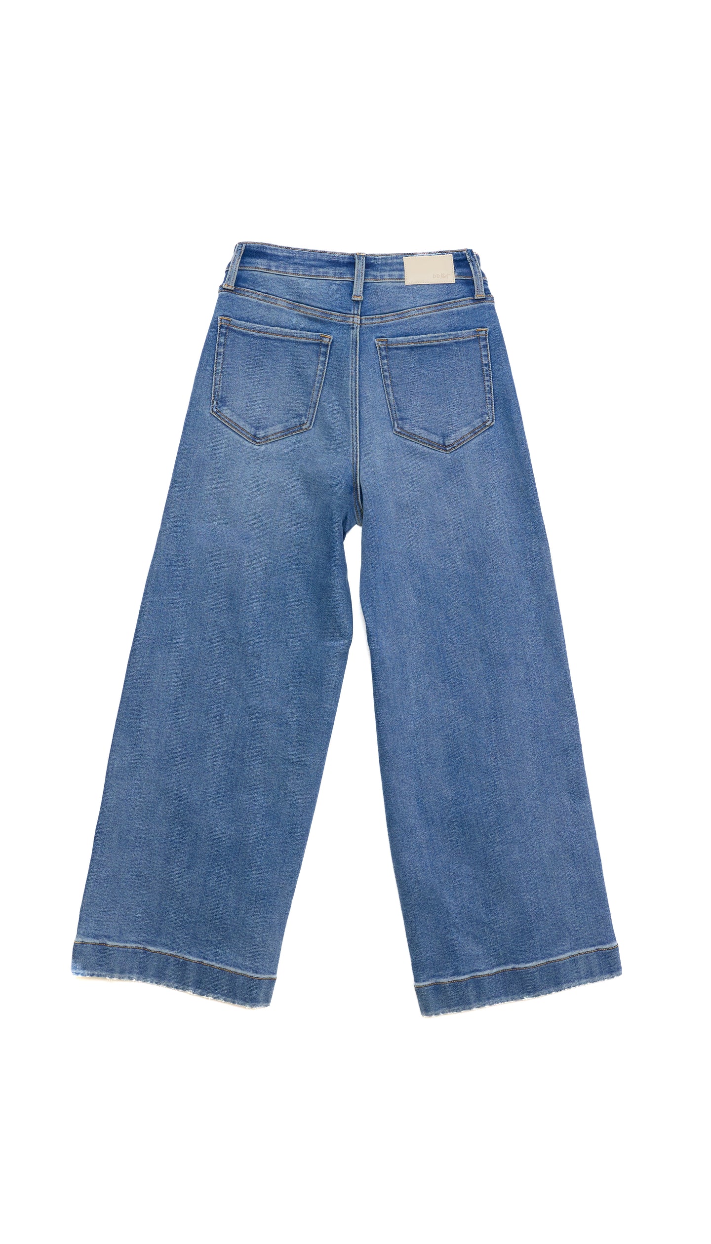 Back view of a pair of wide-leg blue denim ankle length jeans, displayed on a solid white background.