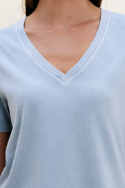 Light blue t-shirt worn by a person, focusing on the neckline.