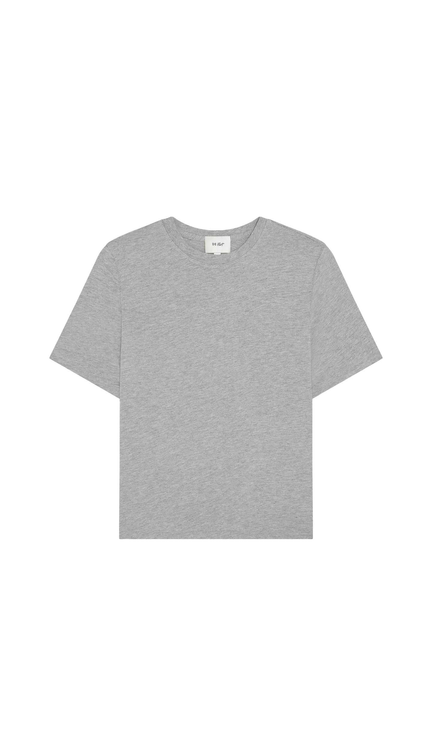 Gray crew neck t-shirt flat on a white background