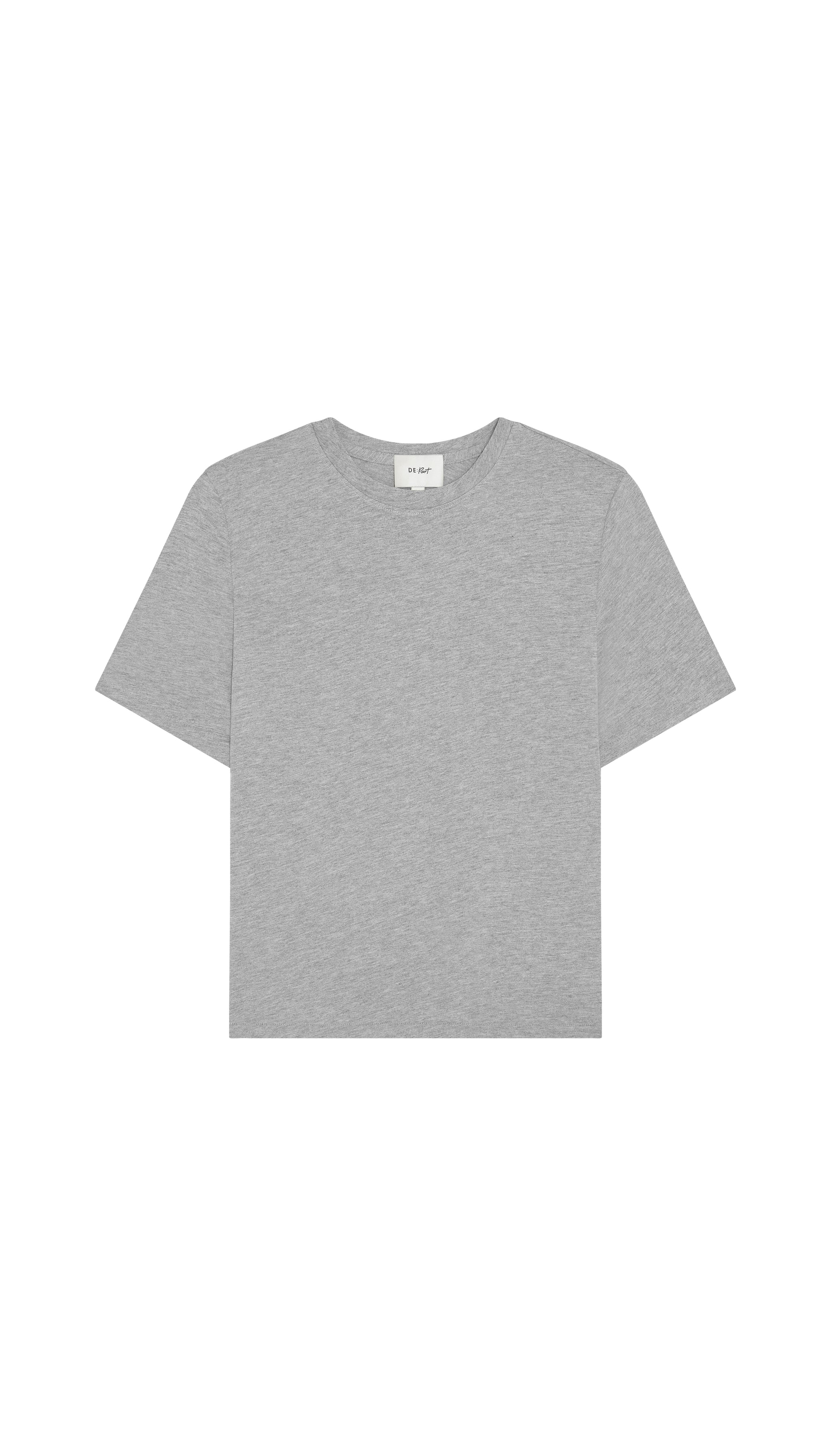 Gray crew neck t-shirt flat on a white background