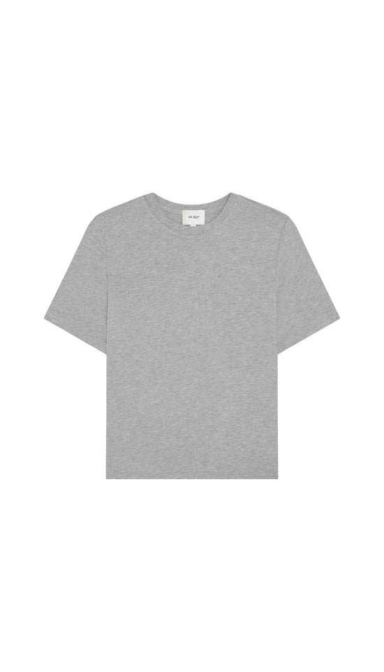 Gray crew neck t-shirt flat on a white background
