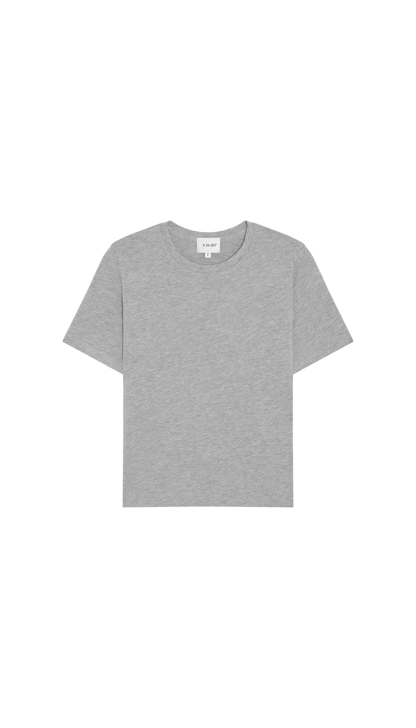Gray crew neck t-shirt flat on a white background