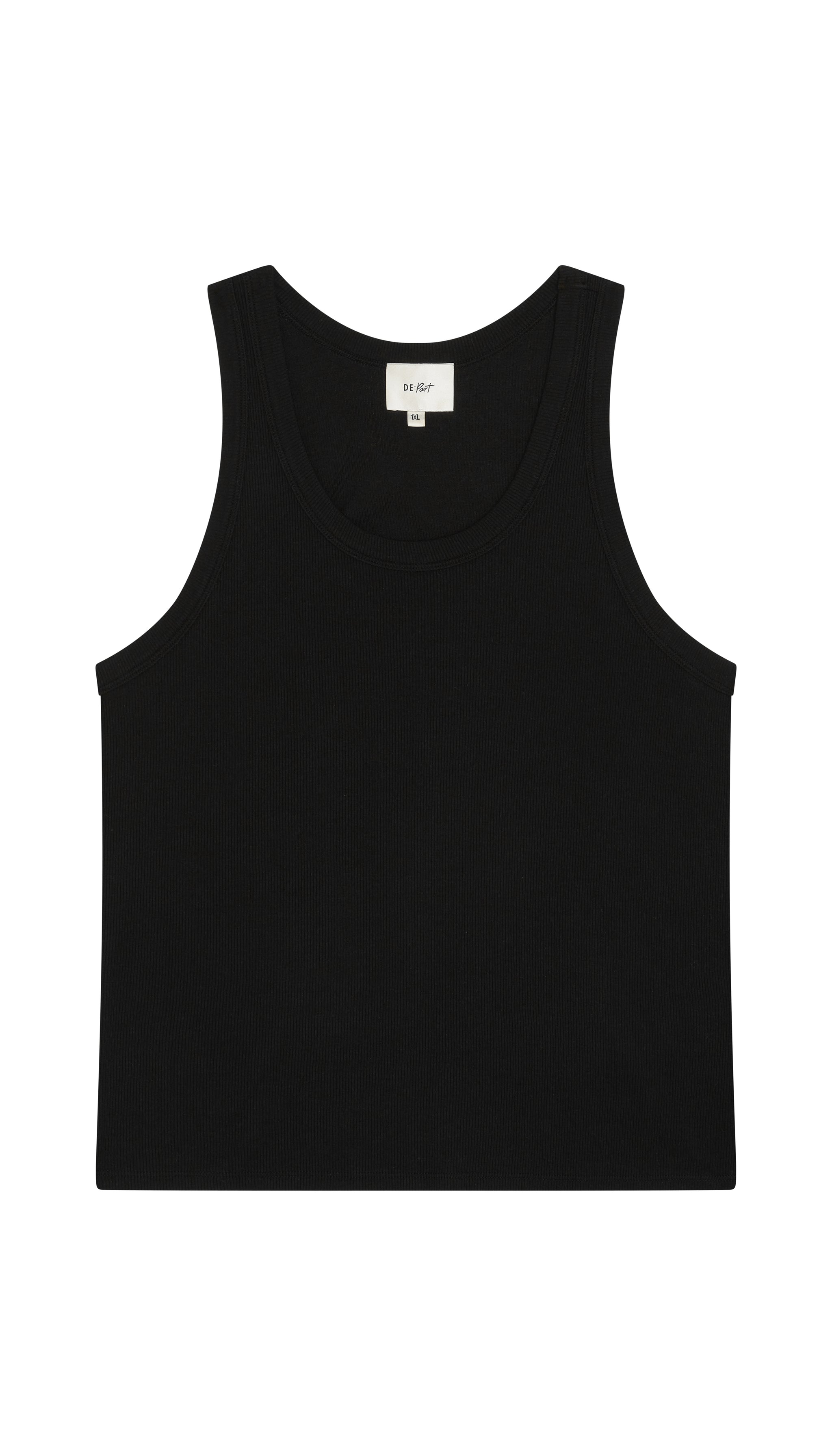 Black tank top flat on a white background