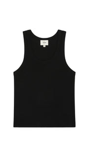 Black tank top flat on a white background