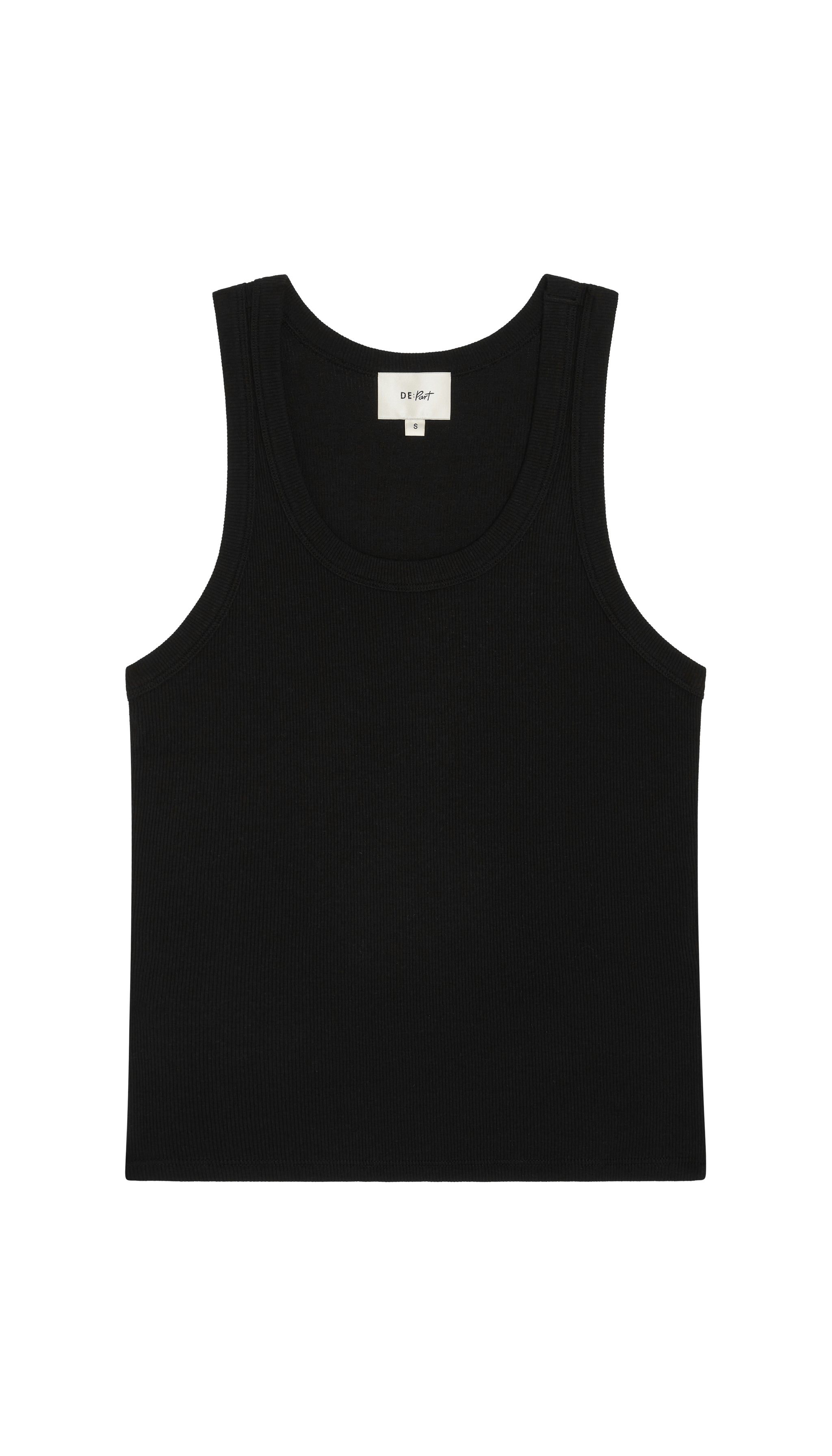 Black tank top flat on a white background