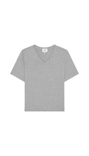 Gray V-neck t-shirt flat on a white background