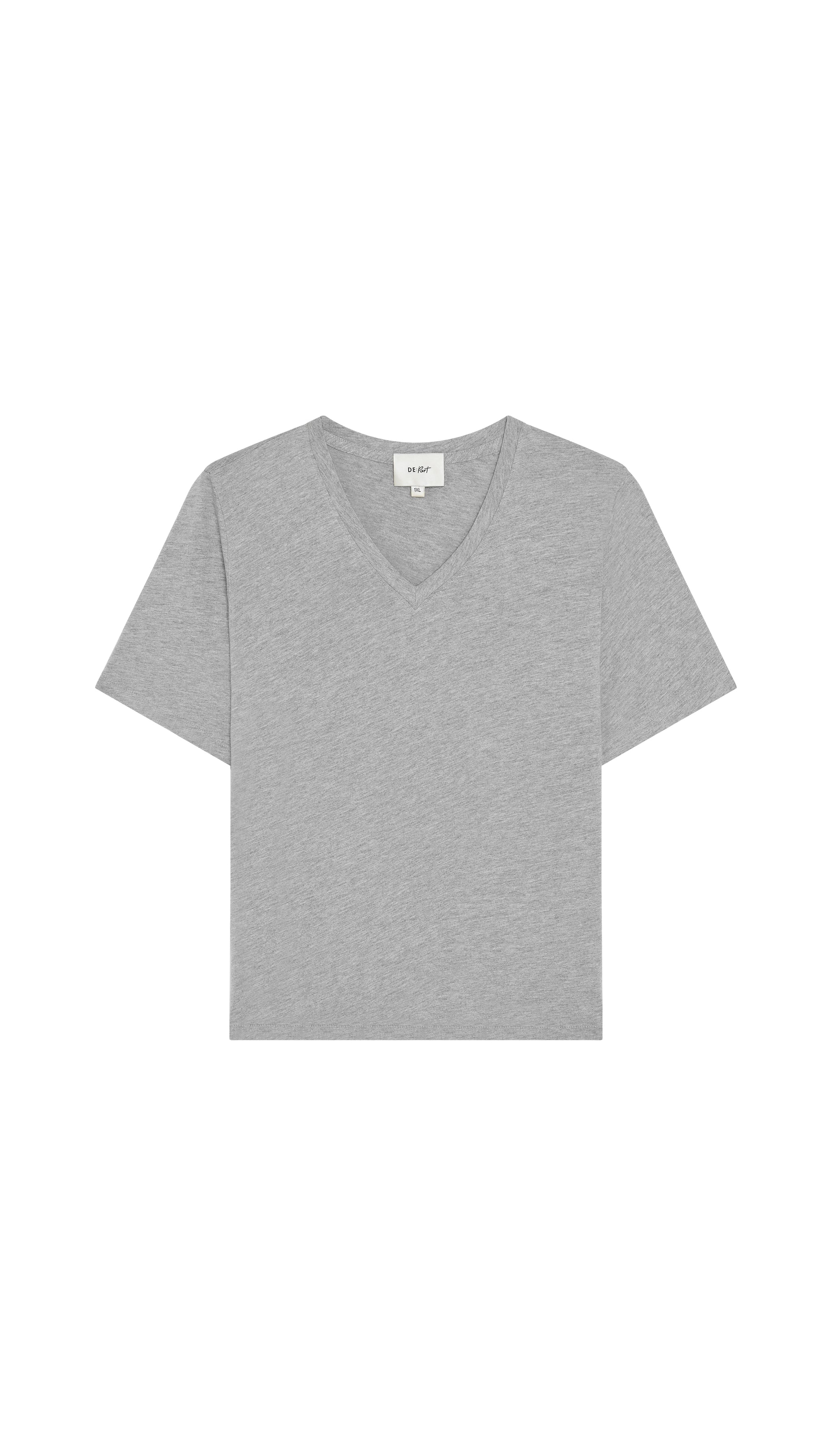 Gray V-neck t-shirt flat on a white background