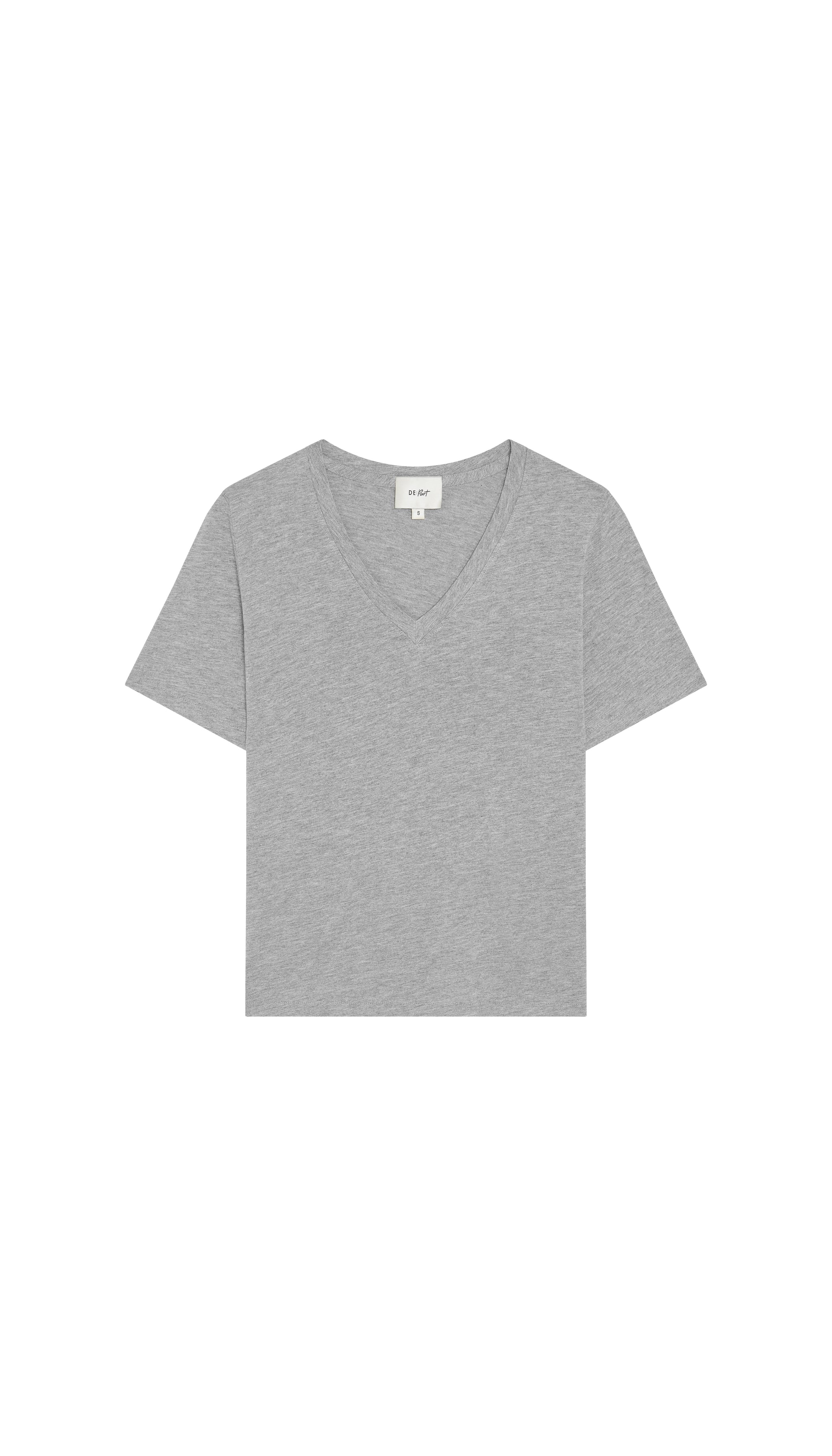 Gray V-neck t-shirt flat on a white background