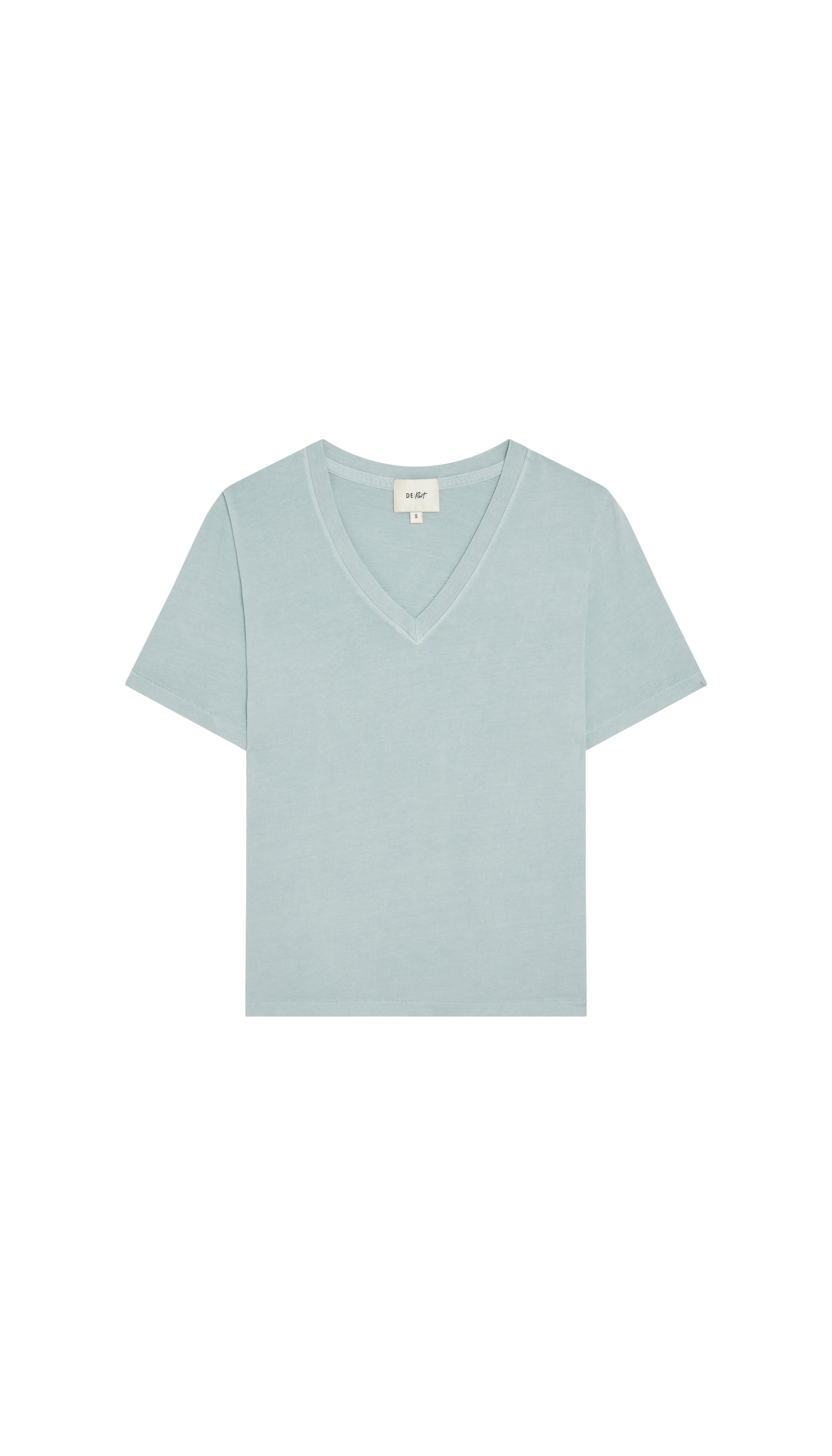 Depart light blue v-neck shirt on a white background