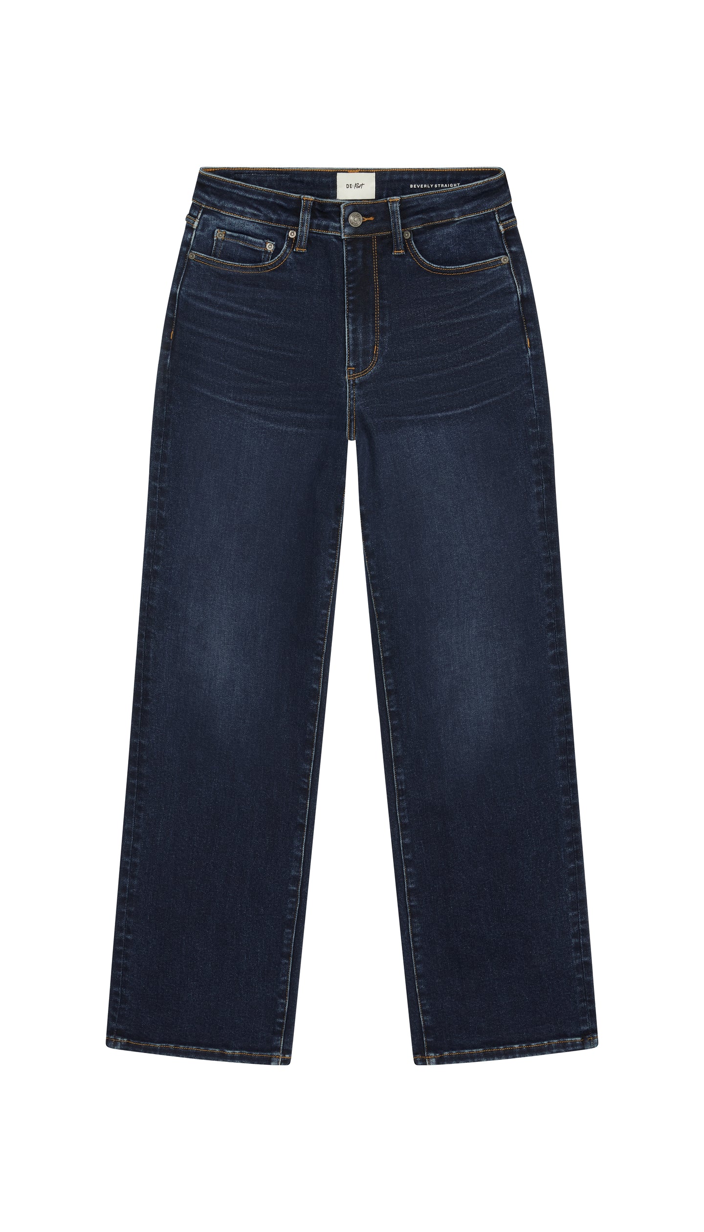 Pair of DePart Beverly dark blue straight jeans flat on a white background