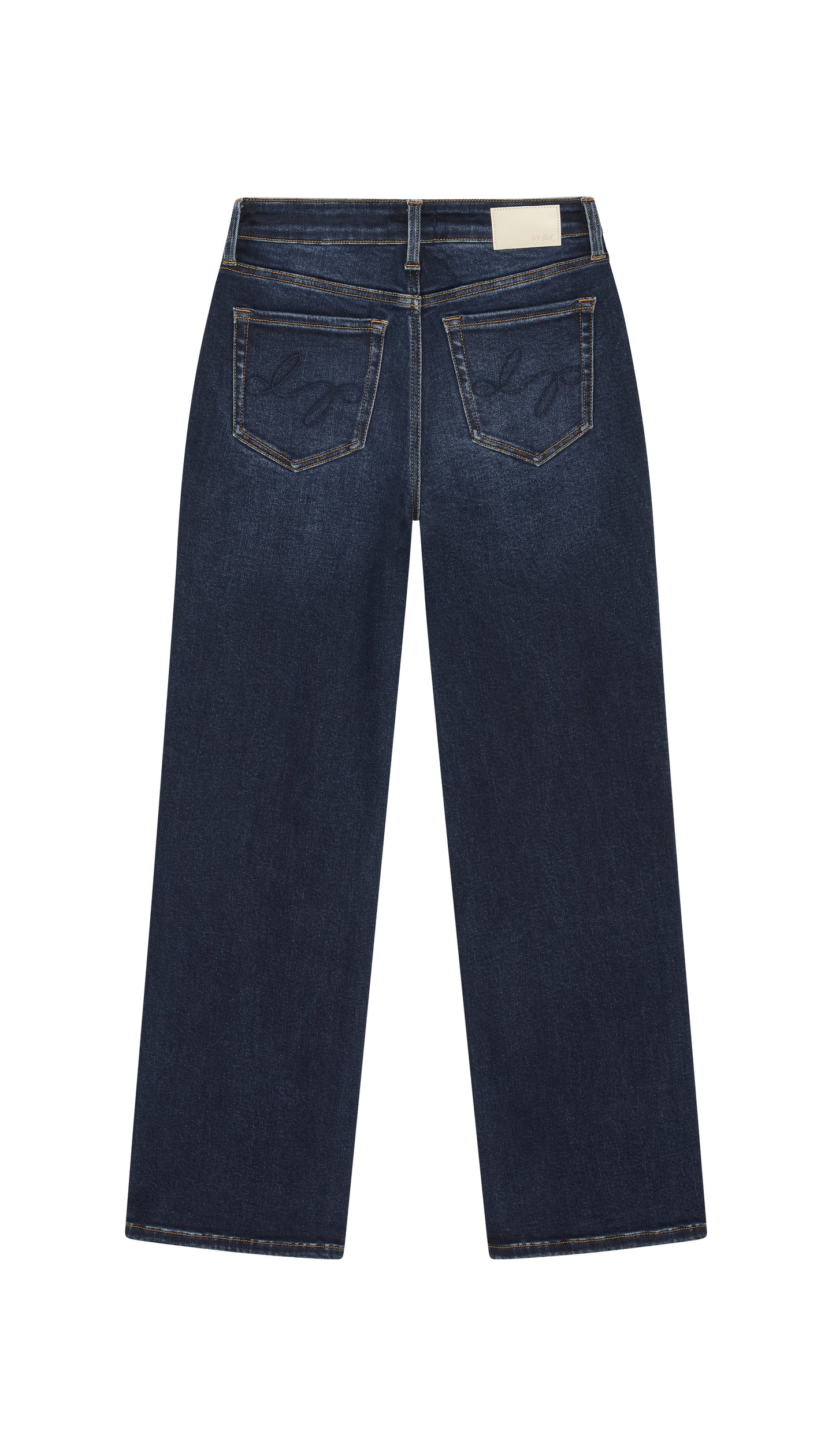 Pair of DePart Beverly dark blue straight jeans backside flat on a white background