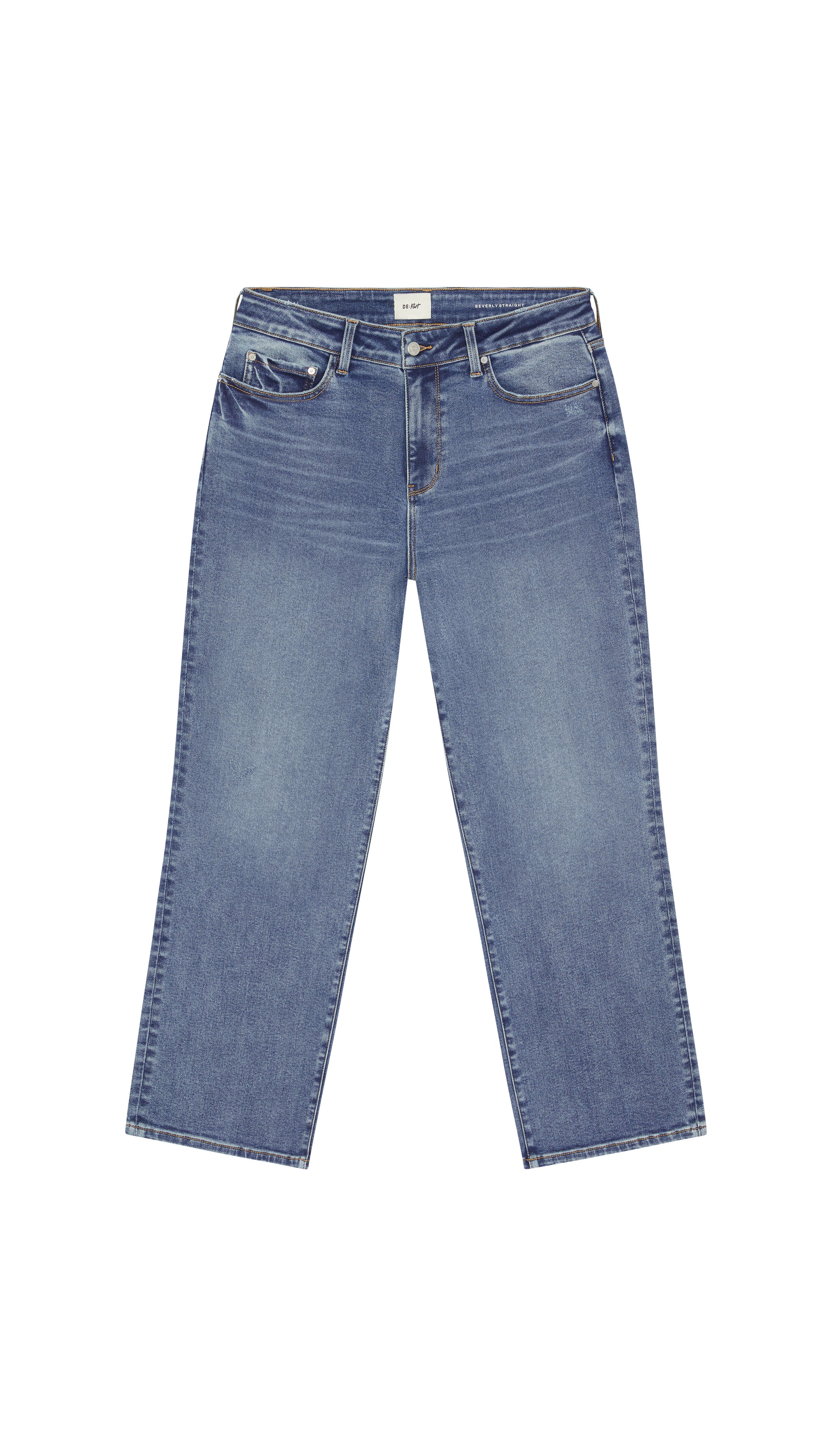 Depart straight blue jeans flat on a white background