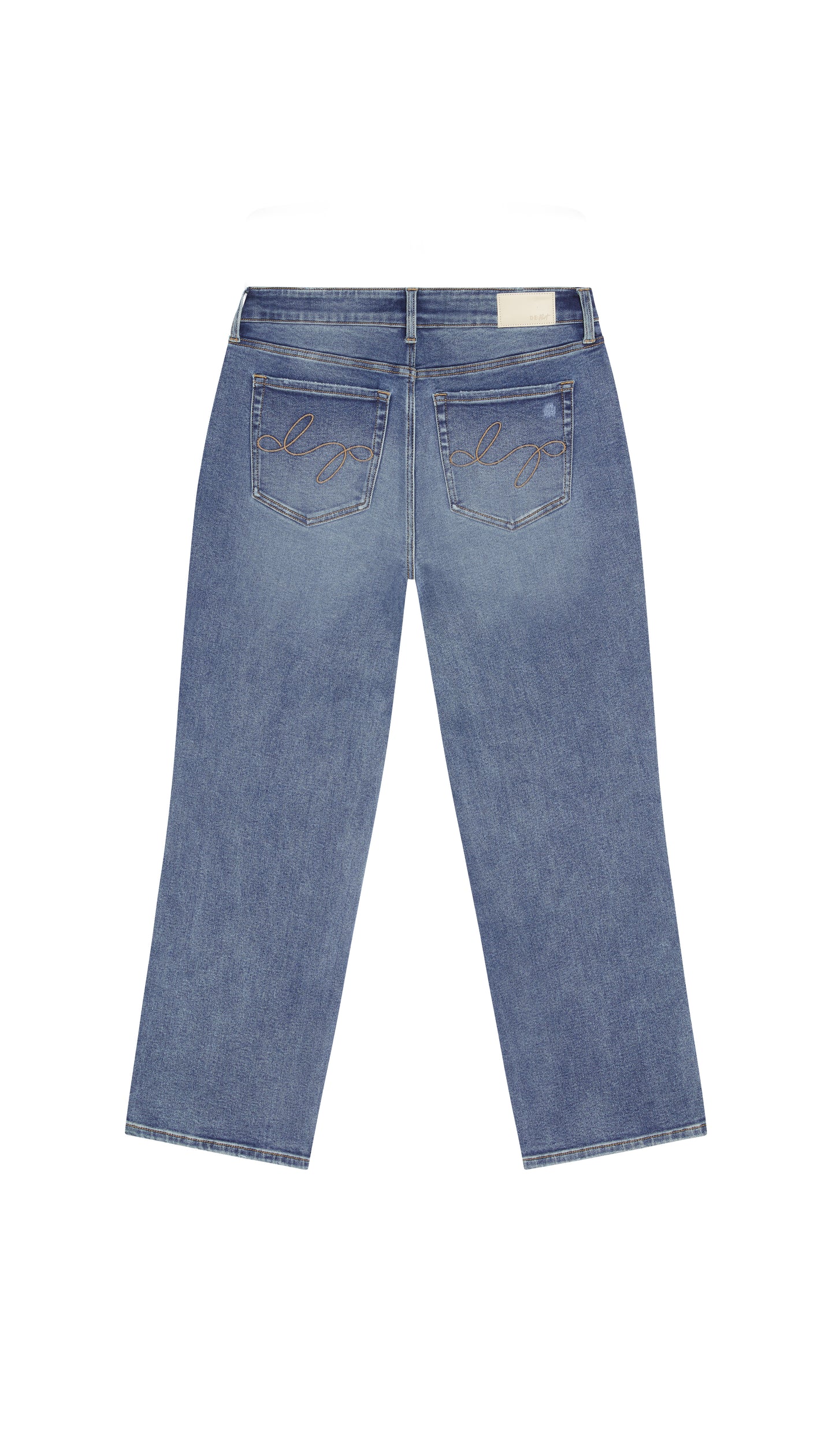 Depart straight blue jeans backside flat on a white background