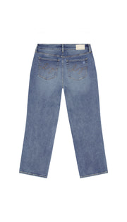 Depart straight blue jeans backside flat on a white background