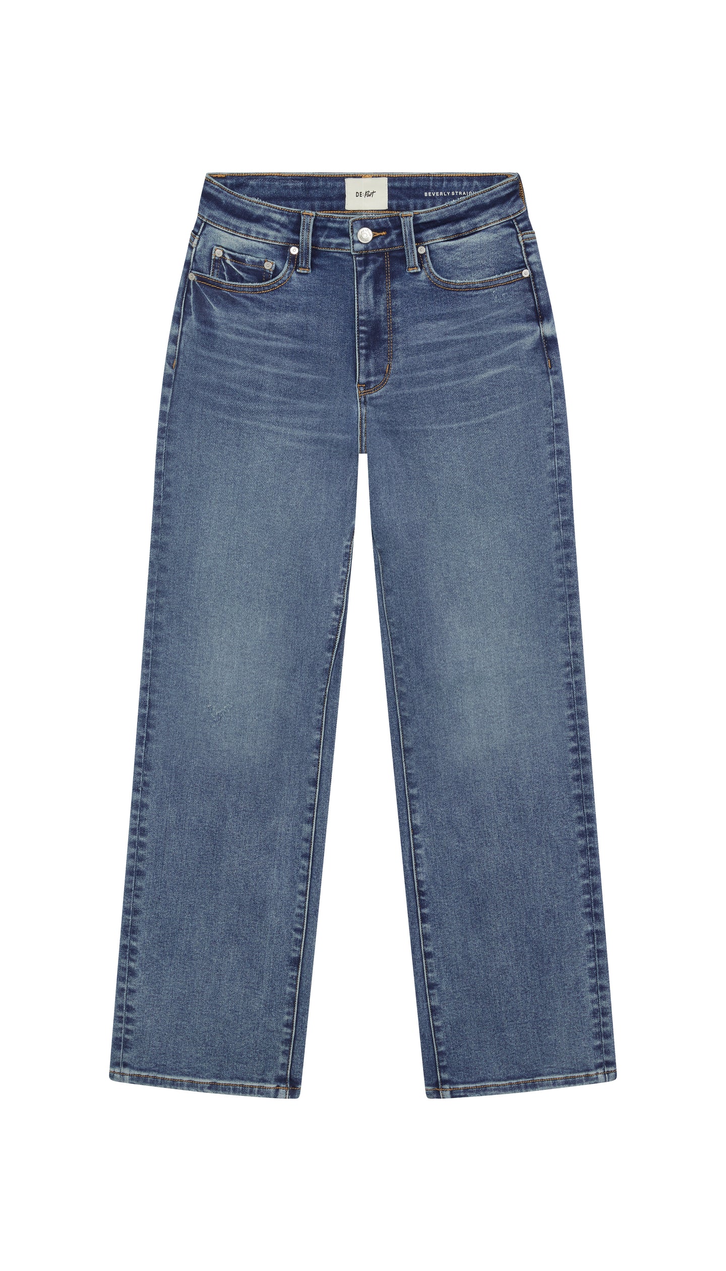 Depart straight blue jeans flat on a white background