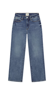 Depart straight blue jeans flat on a white background